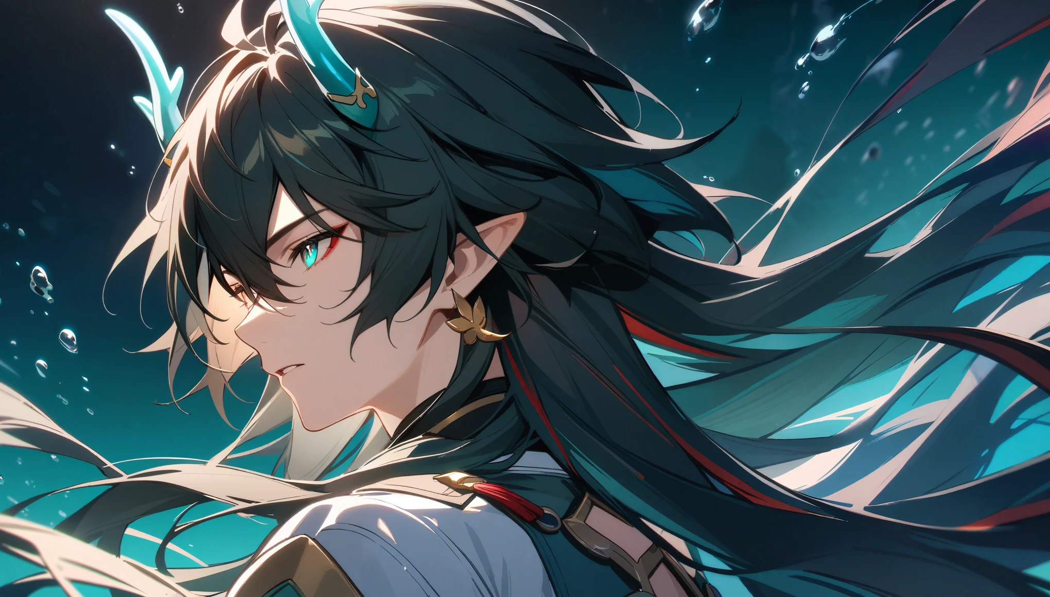 1boy, dan heng, imbibitor lunae, dan heng IL, honkai star rail, elf ears, long hair, black hair, horns, underwater, dark green background, hd eyes, close up, dynamic angle, facing left, (beautiful and aesthetic:1. 5), best quality, high quality,  super detail, best quality, ultra-detailed,dynamic lighting, HD,