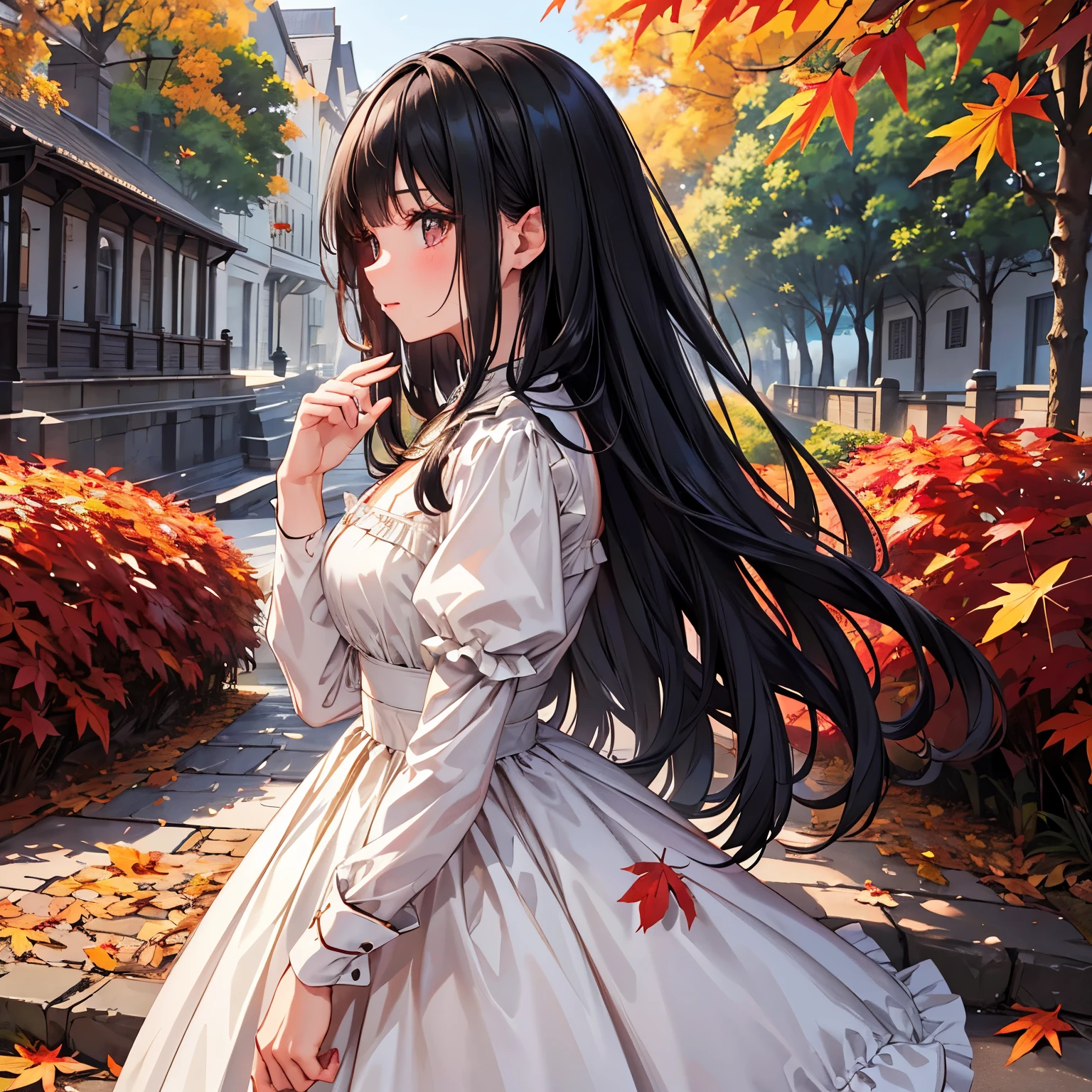 masterpiece, Best Quality,Super detailed,Hyper Detail, Cinematic Light,　A woman with long black hair, 160cm tall　Weight 45kg　bustＢcup　Autumn leaves background　White dress