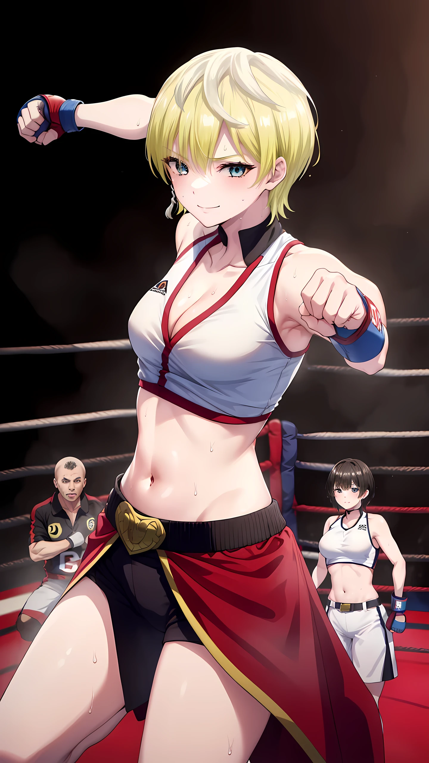 tenkaizumo, izumo, tenka, short hair, Blue eyes, blonde, (1girl, 1person), 8K, masterpiece, Highest quality, Detailed eyes, Detailed face, medium breast,(wearing white MMA uniform:1.5, cleavage, small belly button, small navel, sleeveless, collarless), (MMA Arena :1.5), head shot, looking at viewer, serious smile, (in a fighting pose:1.5) ,sweaty,