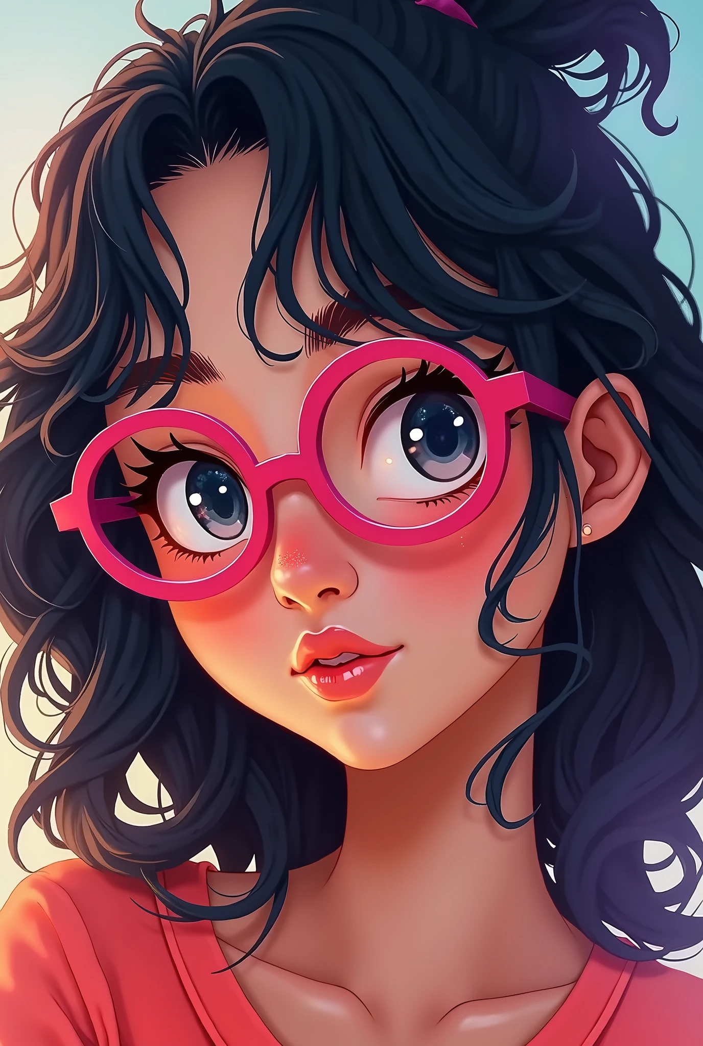 8-bit style, tanned with brown hair with pink highlights and round glasses.