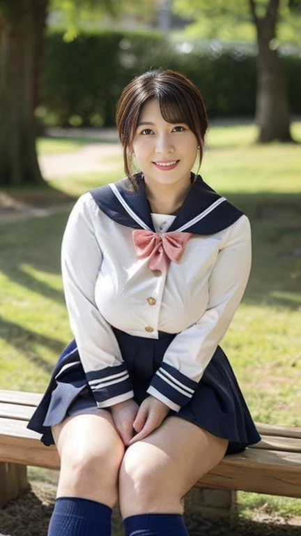 Japanese middle-aged woman,Mature Woman,48 years old,White skin,(curvy body,Large Breasts,Emphasizes plump thighs:1.5),(seifuku cosplay,earrings:1.3),(Standing in the park,Full body shot from head to toe,full body,standing:1.2),looking at viewer,smile,surrealism, depth of field, from below, Sony FE, 8k, arms up,drshe