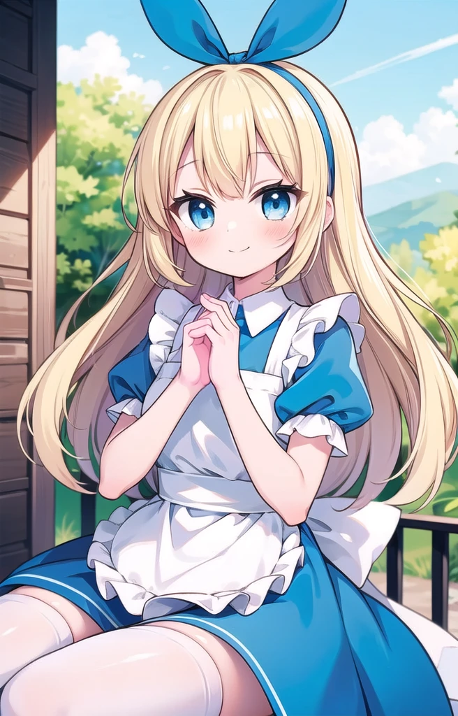 1girl, solo, masterpiece, best quality, perfect hands, blush, blue dress, blonde hair, alice \(alice in wonderland\), apron, puffy short sleeves, white apron, blue eyes, long hair, blue bow hairband, white thighhighs, smile, closed mouth, DisneyAlice, bowtie