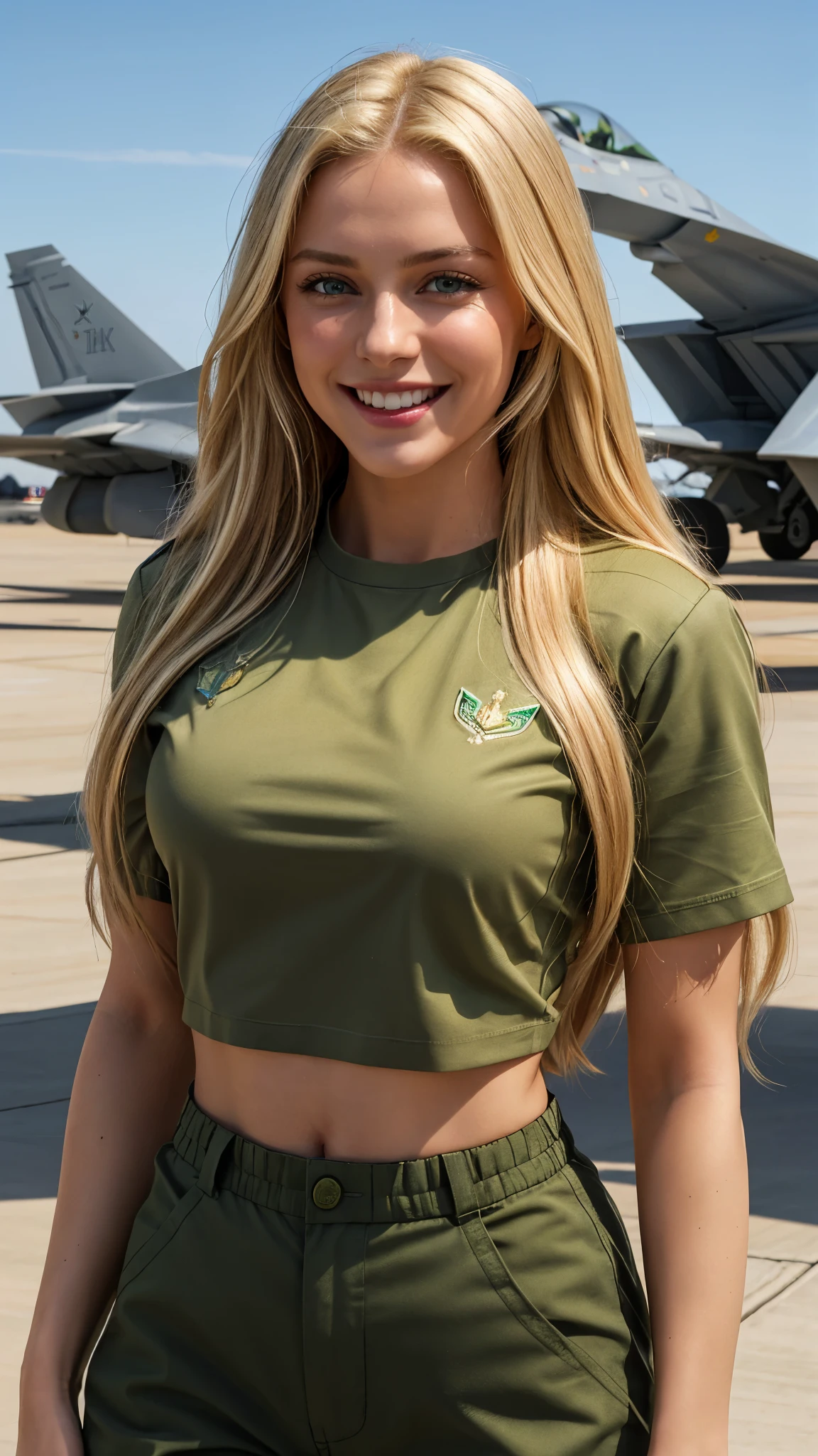 Beautiful European woman, Long blonde hair, An extraordinarily beautiful face、Wearing a green military t-shirt、Military pants, masterpiece、8k resolution、highest quality、Half body shot, smile, daytime, The background is an F22 fighter jet from the US Air Force.