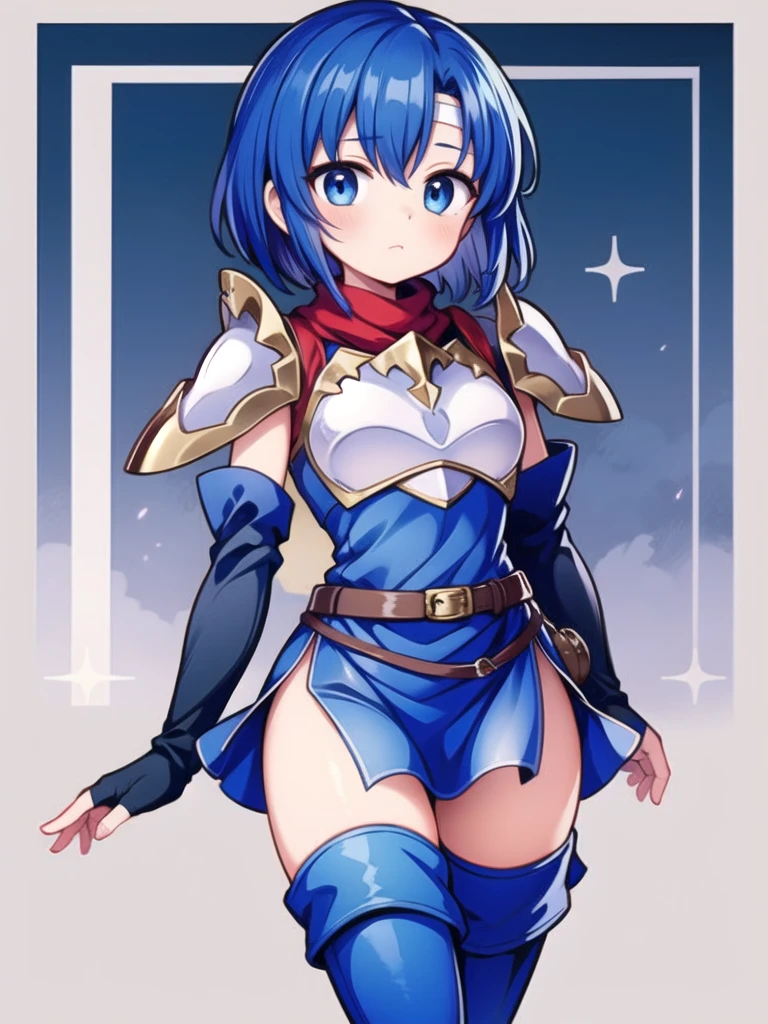 1girl, masterpiece, best quality, perfect hands, blue hair, short hair, catria, short dress, blue elbow gloves, belt, blue fingerless gloves, armor, blue thigh boots, side slit, breastplate, headband, pegasus knight uniform \(fire emblem\), blush, parted bangs, pkuniform, blue dress, zettai ryouiki, thighhighs, gloves, shoulder armor, pauldrons