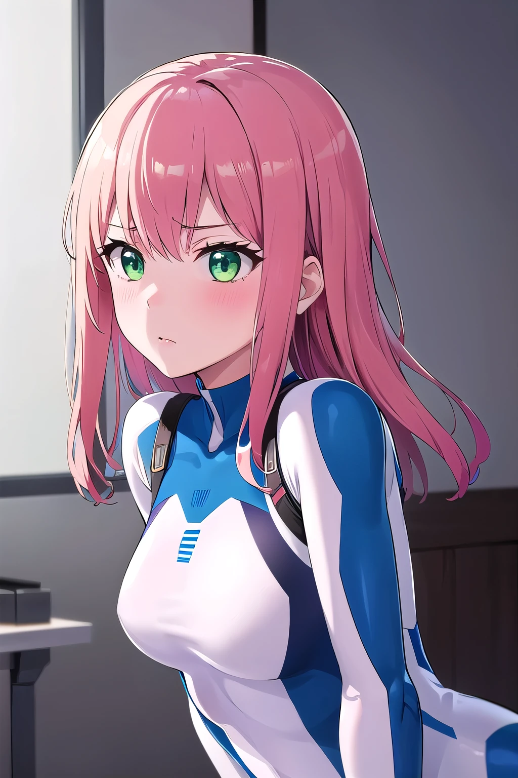1girl,Samus aran,solo,green eyes, pink hair, forehead hair, white zero suit,white body suit,purple stripes,cowboy shot,blush,,Science fiction,ultra-detailed,sharp focus,aesthetic,(best quality), white background, (about to undress bodysuit.:1.2)