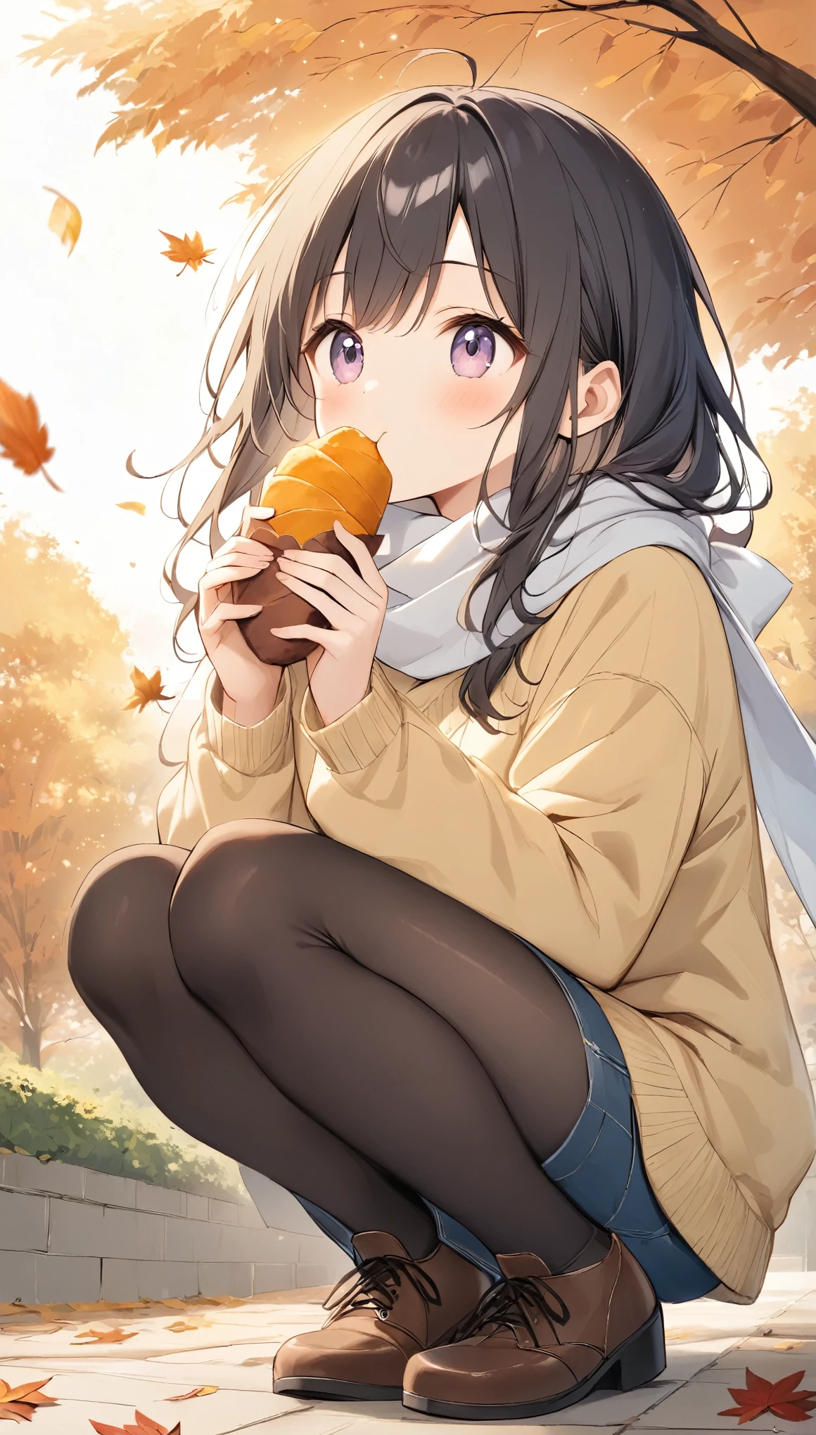 Pale lines and soft colors create a dreamlike effect., Fleeting Impressions..,One Woman、autumn、Autumn leaves background、A girl squatting and eating roasted sweet potato、cute、White scarf、sweater、Falling leaves fluttering down