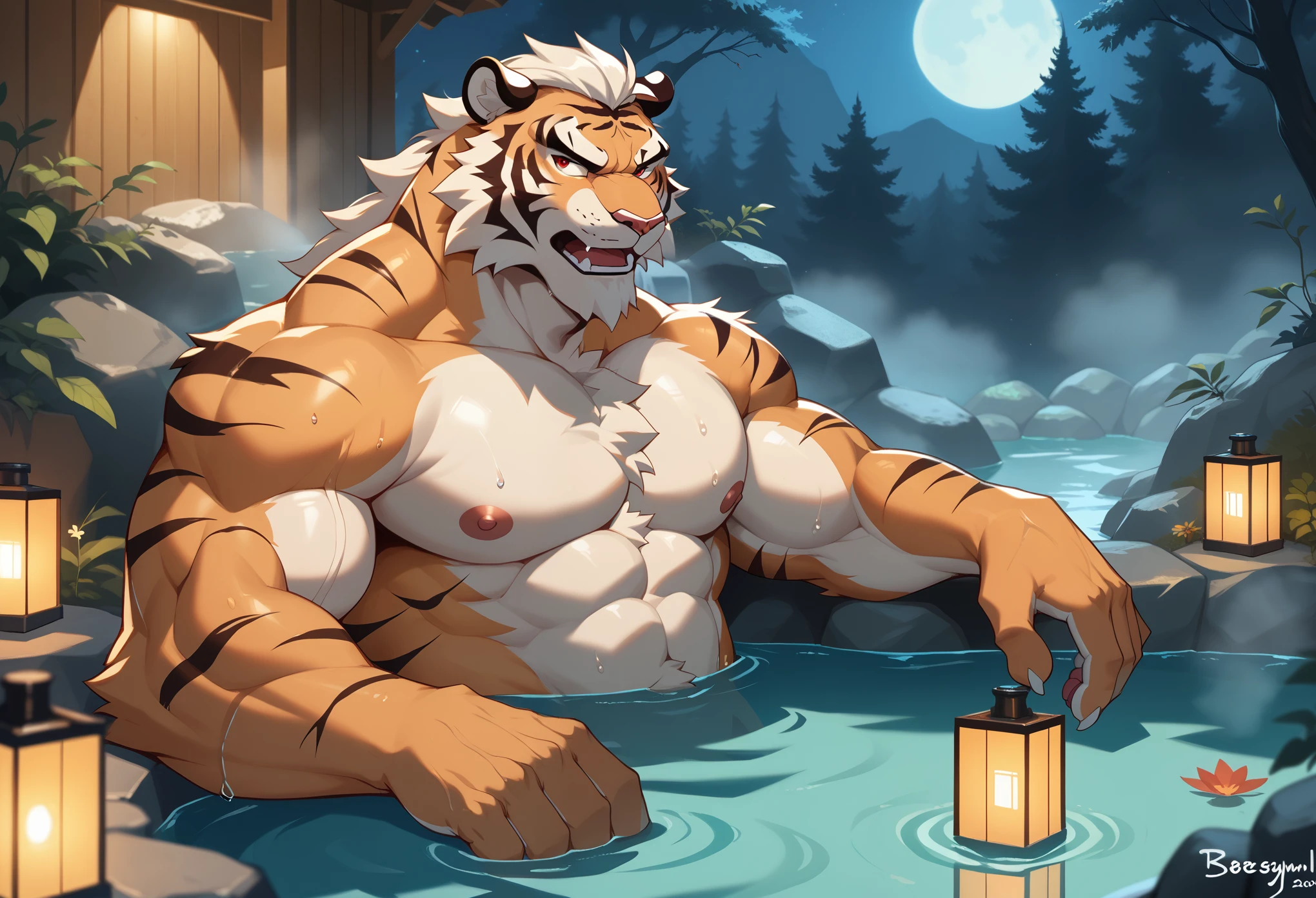 Best quality, masterpiece,ultra high res,detailed background,realistic, real shadow and light,depth of field, looking at the viewer, strong arm and veins, (furry male), (Tiger furry), Naked, open chest, body hair, older, elder, long beard, Sexy body, angry face, red eyes, sweat body, huge hot spring, dark and dim sky, Buffy, old guy, middle aged, buffy, muscle, open mouth, laying down in hot spring, shower in huge hot spring, night time, at night, looking  to viewer, outdoor, nature light, firefly around, in the water, Clear water, see through in to the water, full naked, bath in hot spring.