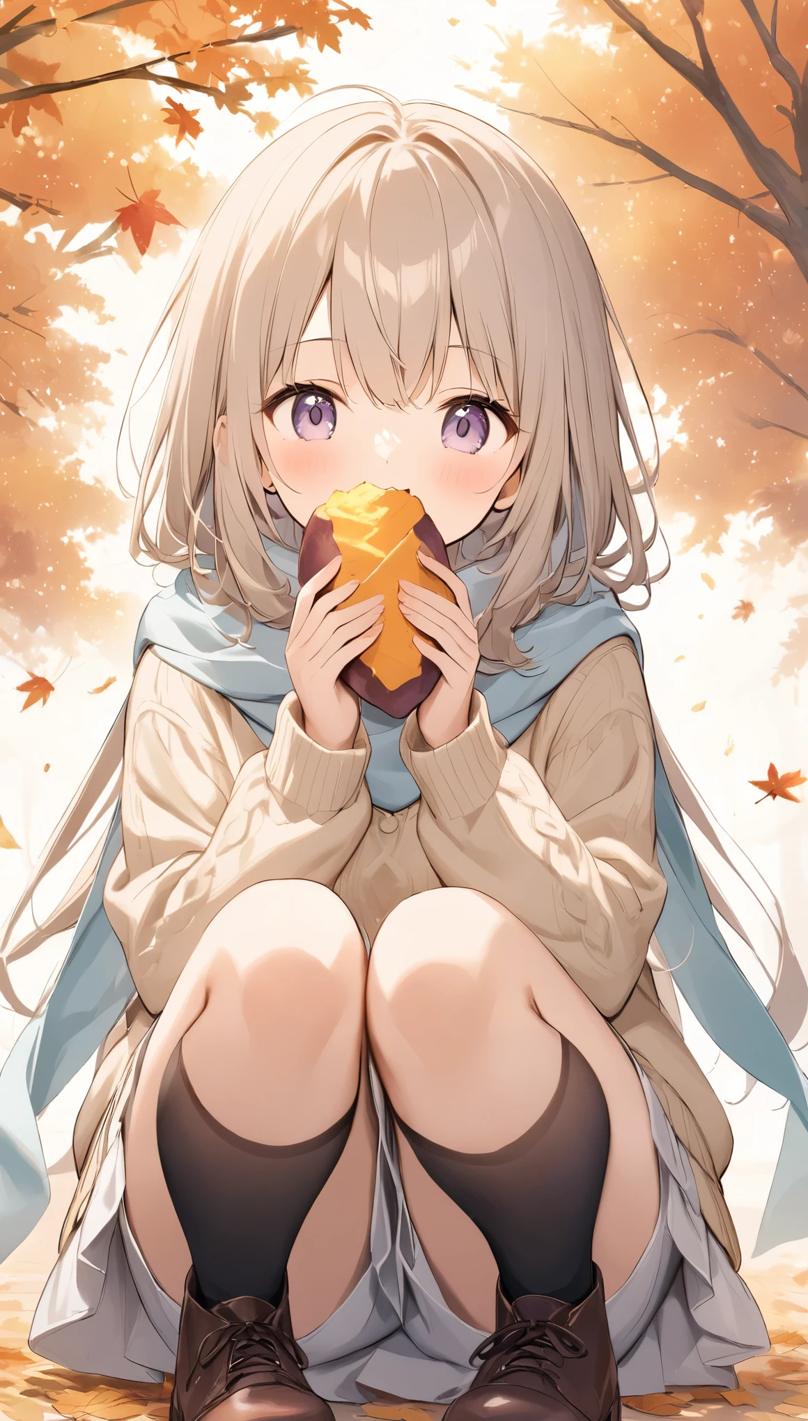 Pale lines and soft colors create a dreamlike effect., Fleeting Impressions..,One Woman、autumn、Autumn leaves background、A girl squatting and eating roasted sweet potato、cute、White scarf、sweater、Falling leaves fluttering down