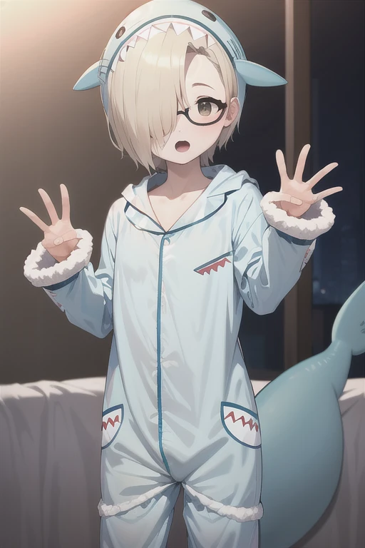 masterpiece, Best Quality, High resolution, Amica, Hair Ribbon, clavicle, standing, Cowboy Shot,, Shirasaka Koume, Blonde, hair over one eye, short hair, Brown eyes, Flat Chest,(Hiding one eye),Hidden right eye、 (Perfect hands, Perfect Anatomy),Small breasts,bedroom,Shark hoodie,Baggy clothes,Night room,(Fluffy shark costume pajamas:1.4), (Open pajamas:1.2), (Pale light blue pajamas:1.4), Animal Hoodie, (Food Up:1.Under the hoodie, Oversized hoodie, Five fingers