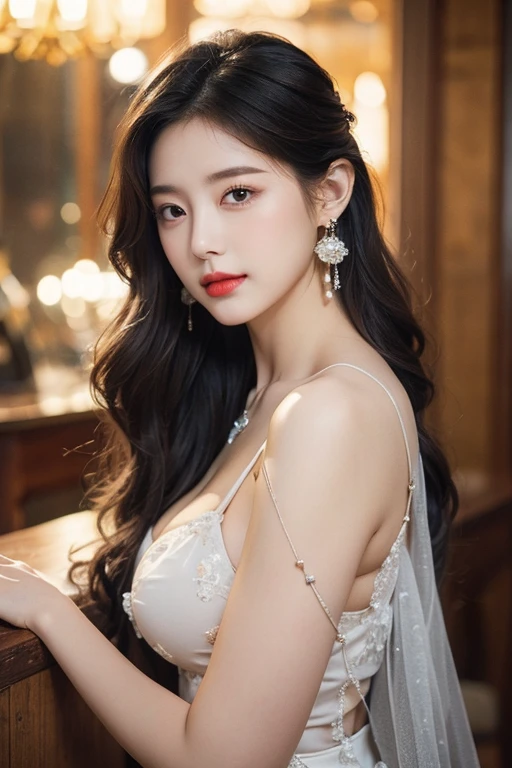 Body portrait, 8K, thin and beautiful eyes, Dindal effect, masterpiece, top quality, high quality, high resolution, very detailed photo, (natural skin texture, fine skin, hyper realism, super sharpness), high detail skin, (very fine, fine skin texture, intricate details, beautiful face, (realistic face), realistic eyes, beautifully detailed eyes, realistic skin, beautiful skin, surreal, very detailed Golden ratio, smiling eyes, ((night moonlight background) )), body portrait, G cup, big breasts, huge breasts, big breasts, glamorous, sexy knit dress,