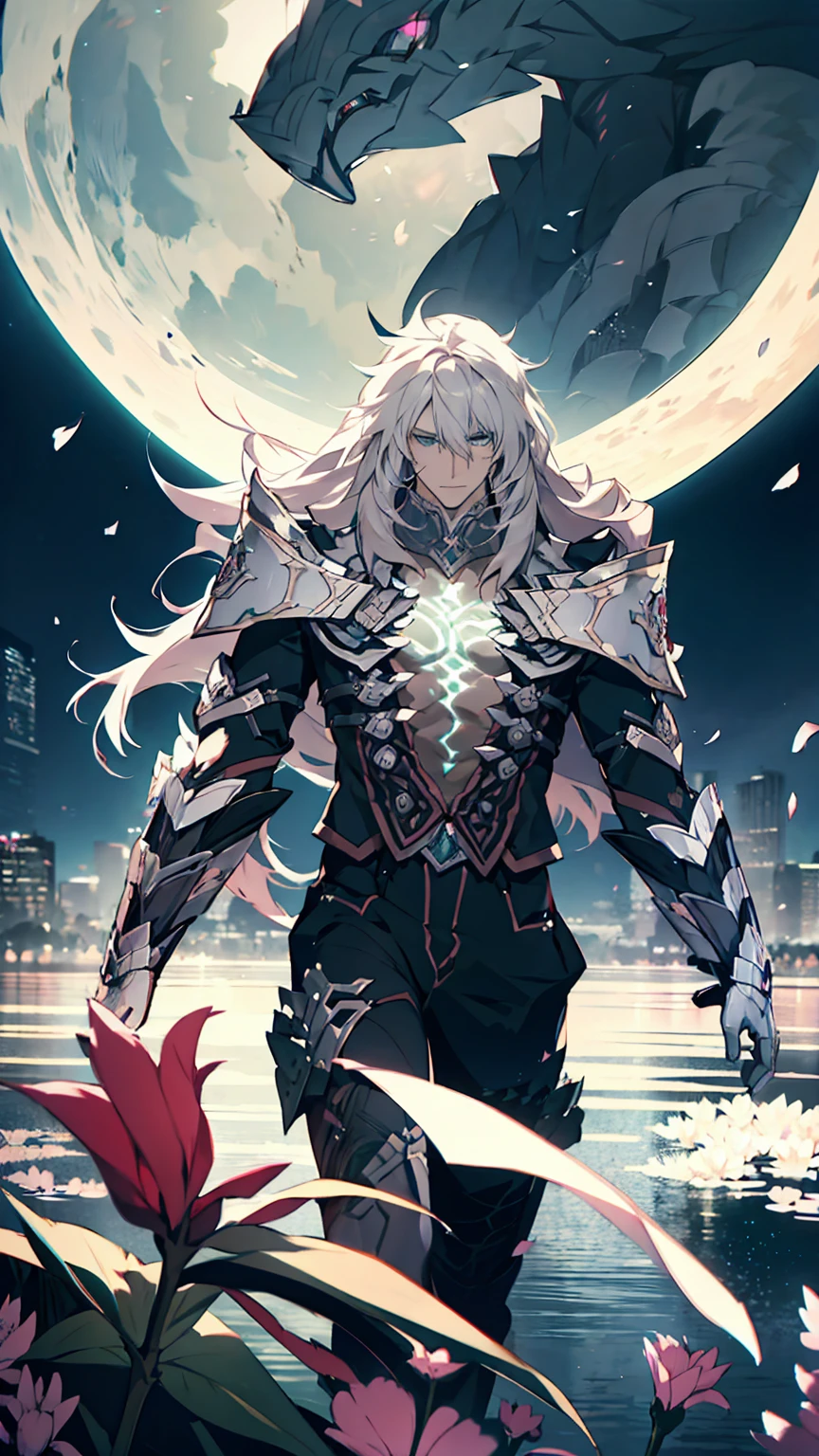 Siegfried,Fate,***ung man, male photo,solo,(portrait),gray long hair,green eyes,beautiful flowers,moonlight,high quality, Best quality, 8K, ultra detailed,masterpiece