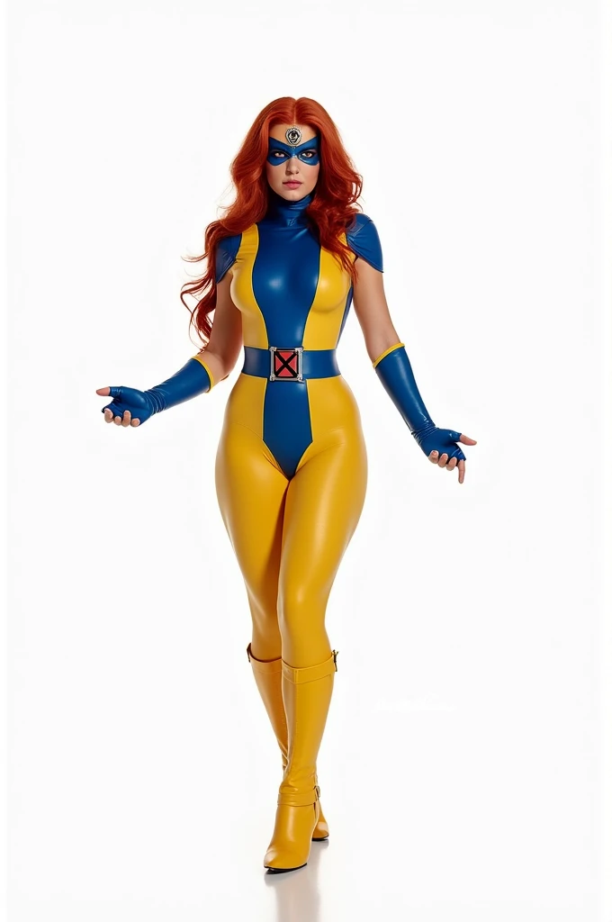a beautiful female superhero. red hair green eyes wears a red and blue dress which shows her legs in the front but is longer in the back with a small A symbol above her waist. wears golden high heel boots. wears blue gloves that go to her elbows portrait photography by artgerm, in the style of realism, glistening skin, cartooncore, mangacore, natural lighting, Defined full lips. Muscular fitness feminine body