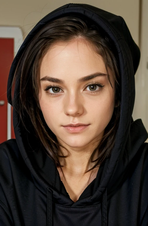 1 petite tomboy, hoodie, busty, black bobed hair, close up