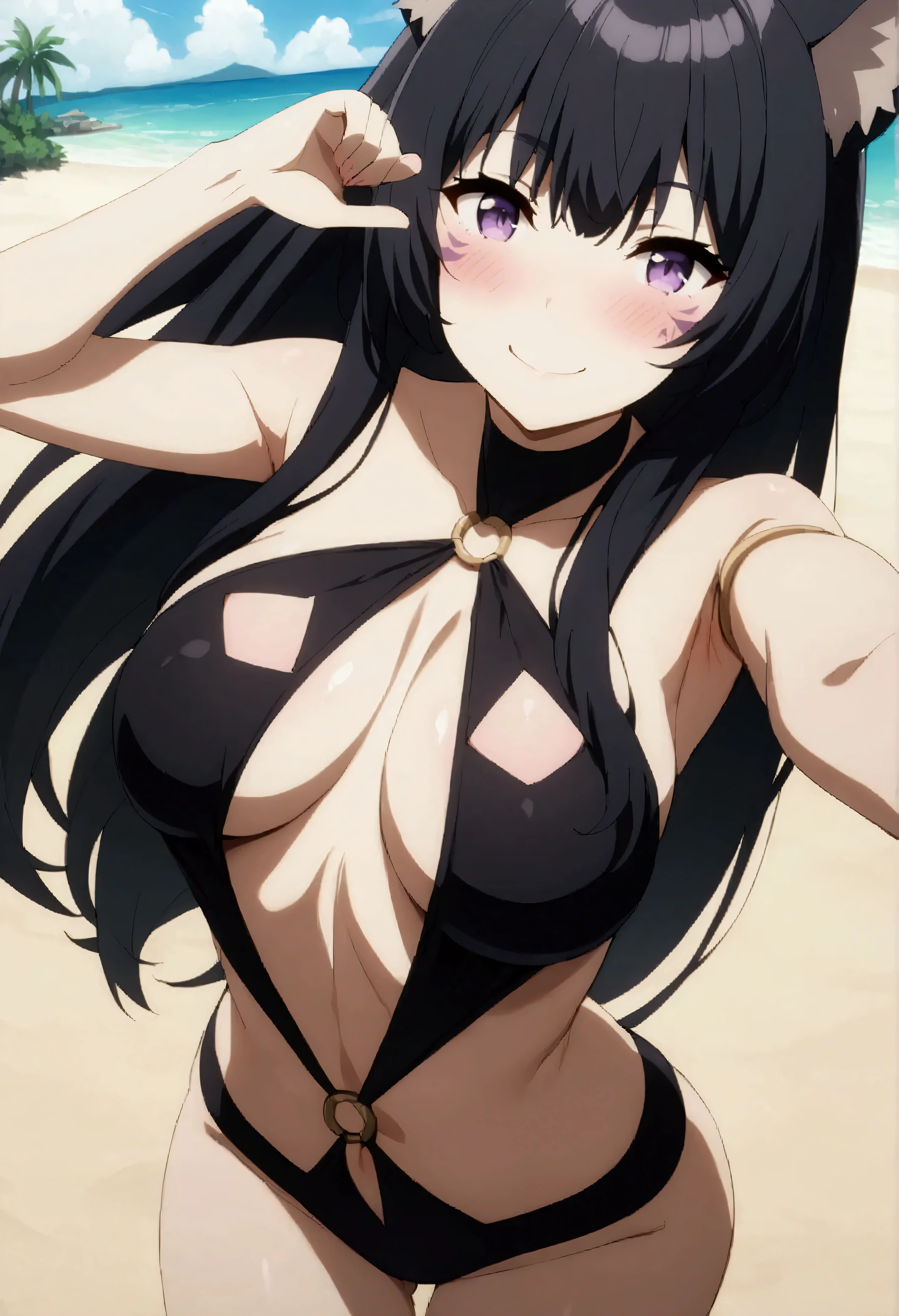 NSFW,masterpiece,Best Quality,High resolution,Very detailed,delta\(I want to be a powerful figure behind the scenes\),Long Hair、Black Hair、Animal ears、Purple Eyes、Cat ears、Animal earsの毛、Face mark、Slingshot swimwear,A happy smile,A big smile,blush,beach,Palm trees