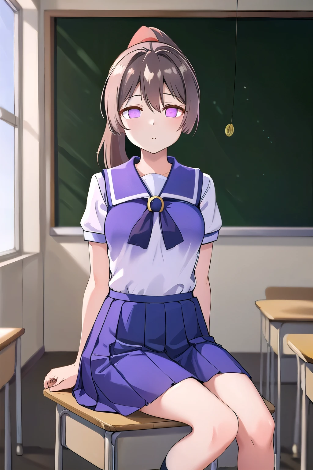 (Satono Diamond), (Tracen school uniform:1.5), (Purple Mini Skirt:1.5), (ponytail:1.5), (masterpiece:1.2, Best Quality), 8k, High resolution, Very detailed:1.3, (CG), (Beautiful face), (whole body:1.7), 1girl, (sitting chair), (coin on a string:1.5), (one pendulum:1.5), (Pendulum before her eyes.:1.5), (look at pendulum coin:1.5), (Arms between legs;1.7), (School classroom:1.4), (Open your mouth:1.2), (expressionless:1.5), (no pupils:1.5), (glowing eyes:1.5), (Half-closed eyes:1.5)