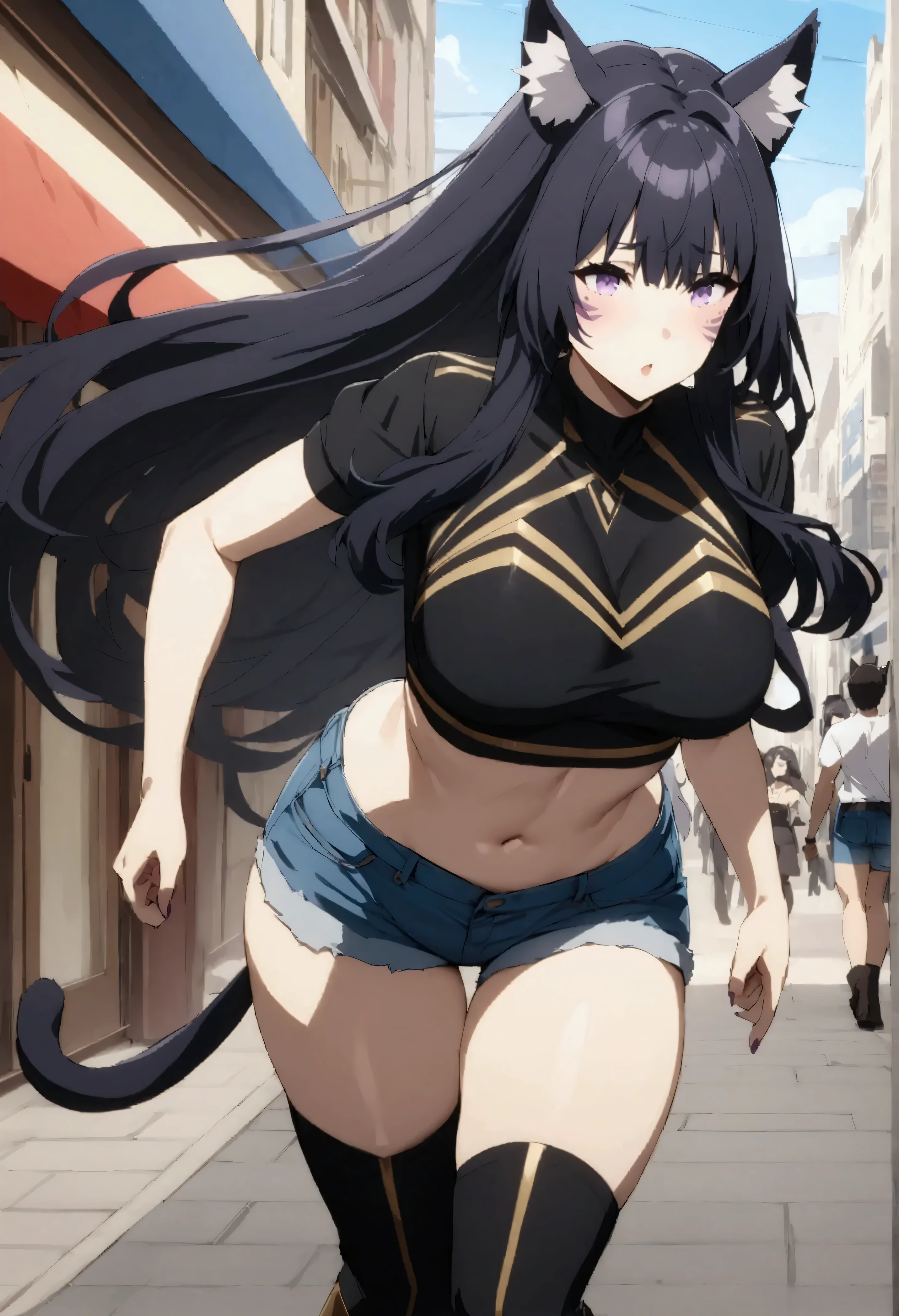 NSFW,masterpiece,Best Quality,High resolution,Very detailed,delta\(I want to be a powerful figure behind the scenes\),Long Hair、Black Hair、Animal ears、Purple Eyes、Cat ears、Animal earsの毛、Face mark、Crop top shirt,Denim shorts,Long boots,bustling street