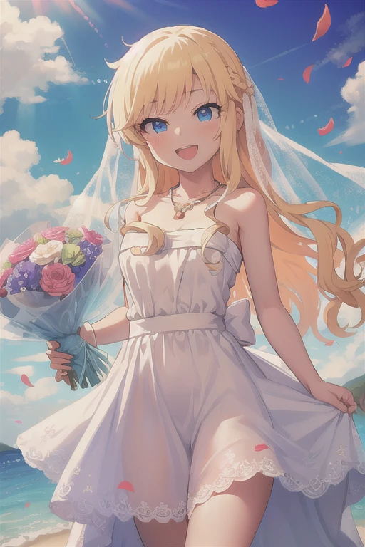 ohtsuki yui, One girl, Alone, Blonde, Long Hair,, blue eyes, Have, smile,  View your viewers, Open your mouth, chest, Wavy Hair, large chest,Seaside,,, wedding dress, Strapless, necklace, White Dress, standing, Cowboy Shot, Holding a bouquet, Open your mouth, smile, Confetti, nature, blue sky , Adorned with a flowing veil down her back 