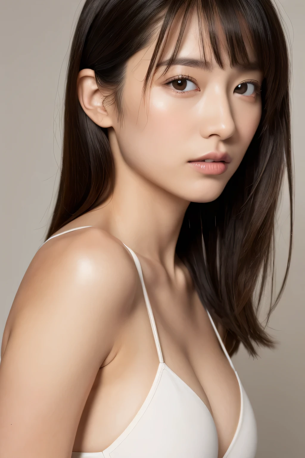 highest quality, masterpiece, ultra-high resolution, (realistic:1.4), raw photos, 1girl, simple gray background, ((naked)), looking at the audience, small round breasts, detailed eyes, detailed lips, extremely detailed face, long eyelashes, volumetric lighting, cinematic lighting, chiaroscuro, dramatic lighting, photographic, hyper-detailed, sharp focus