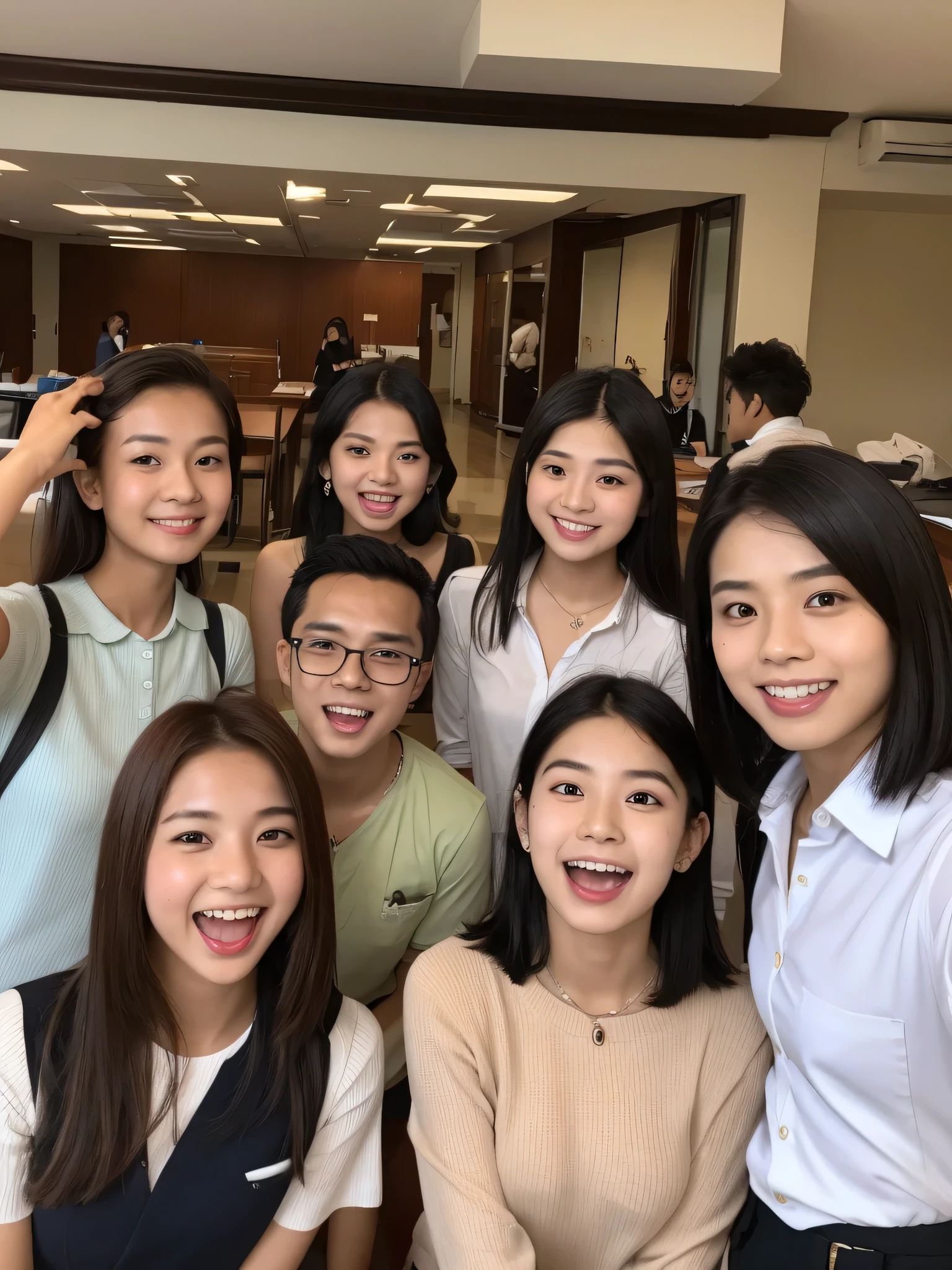 A selfie photo of over 2 Japanese high school students, (boys and girls), All standing, (in the classroom), (everyone smiling), best quality, masterpiece, looking up at the camera, (All naked), (Nudists), close together, ((All sweating shiny skin)), ((All the girls wearing sheer wet shirt and showing nipples)), Double eyelids