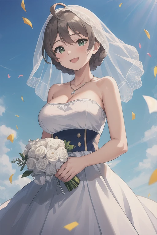 (masterpiece, Best Quality:1.2), Cowboy Shot, Alone, One girl, Sakuramori Kaori, smile, View your viewers, Braiding, Ahoge, frills, Large Breasts,Shiny_colors, Best Quality,  wedding dress, Strapless, necklace, White Dress, standing, Cowboy Shot, Holding a bouquet, Open your mouth, smile, Confetti, nature, blue sky , Adorned with a flowing veil down her back ,Bright Church
