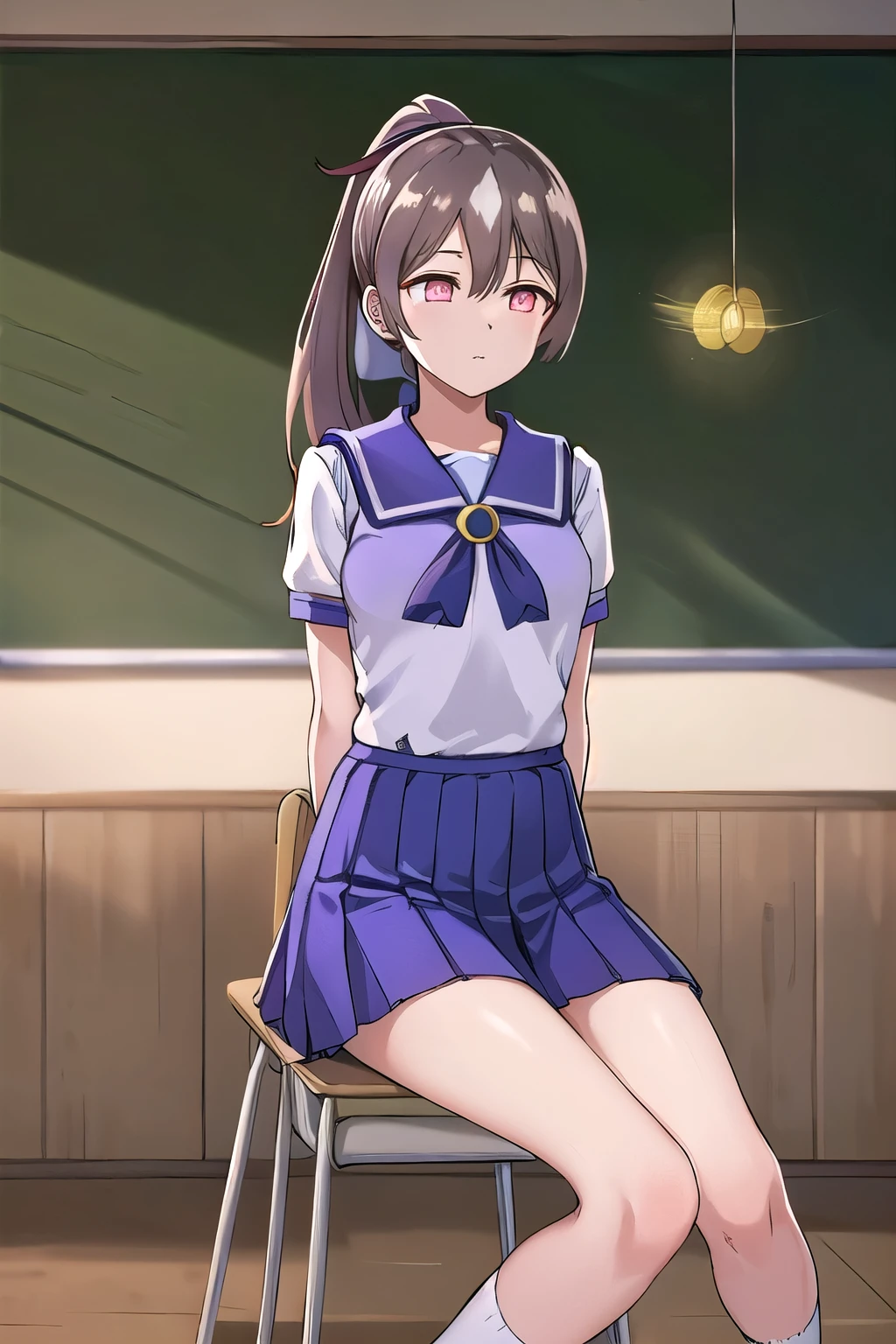 (Satono Diamond), (Tracen school uniform:1.5), (Purple Mini Skirt:1.5), (ponytail:1.5), (masterpiece:1.2, Best Quality), 8k, High resolution, Very detailed:1.3, (CG), (Beautiful face), (whole body:1.7), 1girl, (sitting chair), (coin on a string:1.5), (one pendulum:1.5), (Pendulum before her eyes.:1.5), (look at pendulum coin:1.5), (Arms between legs), (School classroom:1.4), (Open your mouth), (expressionless:1.5), (no pupils:1.5), (glowing eyes:1.5), (Half-closed eyes:1.5)