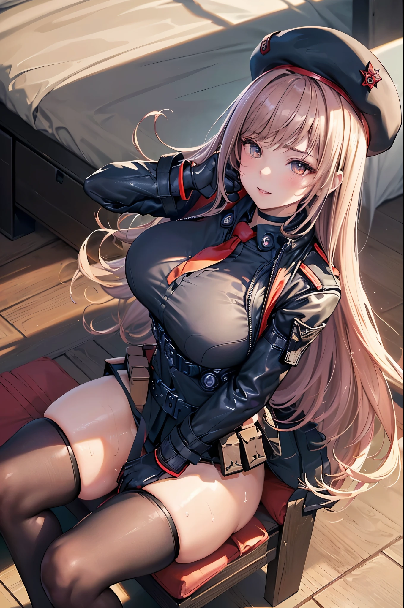 (Lapi)),masterpiece, Best Quality, High resolution, aa Neat, Long Hair, beret, Black Hat, Red Tie, Black Shirt, Black leotard, Black Jacket, Cropped jacket, Open clothes, Long sleeve, gloves, Pouch, Ammunition belt, Black knee socks, From above, indoor,On the bed, smile,(masterpiece、Best Quality、Supermarket、High resolution、Genuine、Sharp focus))、Face Light、((Delicate and beautiful))Sexy Appearance、((Large chest)),,((Beautiful Eyes)),((Stand up and sit down)),Super Fine、High resolution、Genuine、Sharp focus))、Face Light、((Delicate and beautiful)、,((Bright Eyes)),Embarrassing,Teary-eyed,(((sweat)),((Beautiful Eyes)),)(masterpiece:1.5), Highly detailed CG Unity 8k wallpaper,(Realistic,Photorealistic,超Realisticな:1.5),(curve,Model,Glamour:1.5),Beautiful chest,color_aberration,Beautiful detailed shadows,Beautiful Eyes,Beautiful body,Beautiful Skin,Beautiful Hands,(big chest:1.5),(big_chest:1.5),魅惑的なsmile, Attractive thighs,Shapely thighs,Anime girl sitting on a chair, Enchanting anime girl,Attractive beautiful anime woman, 2. 5d cgi anime fantasy artwork, Highly detailed ArtGerm, Detailed digital anime art,((Crossing your legs)),indoor,On the bed,On the bedで寝そべる,Sleeping on your stomach,