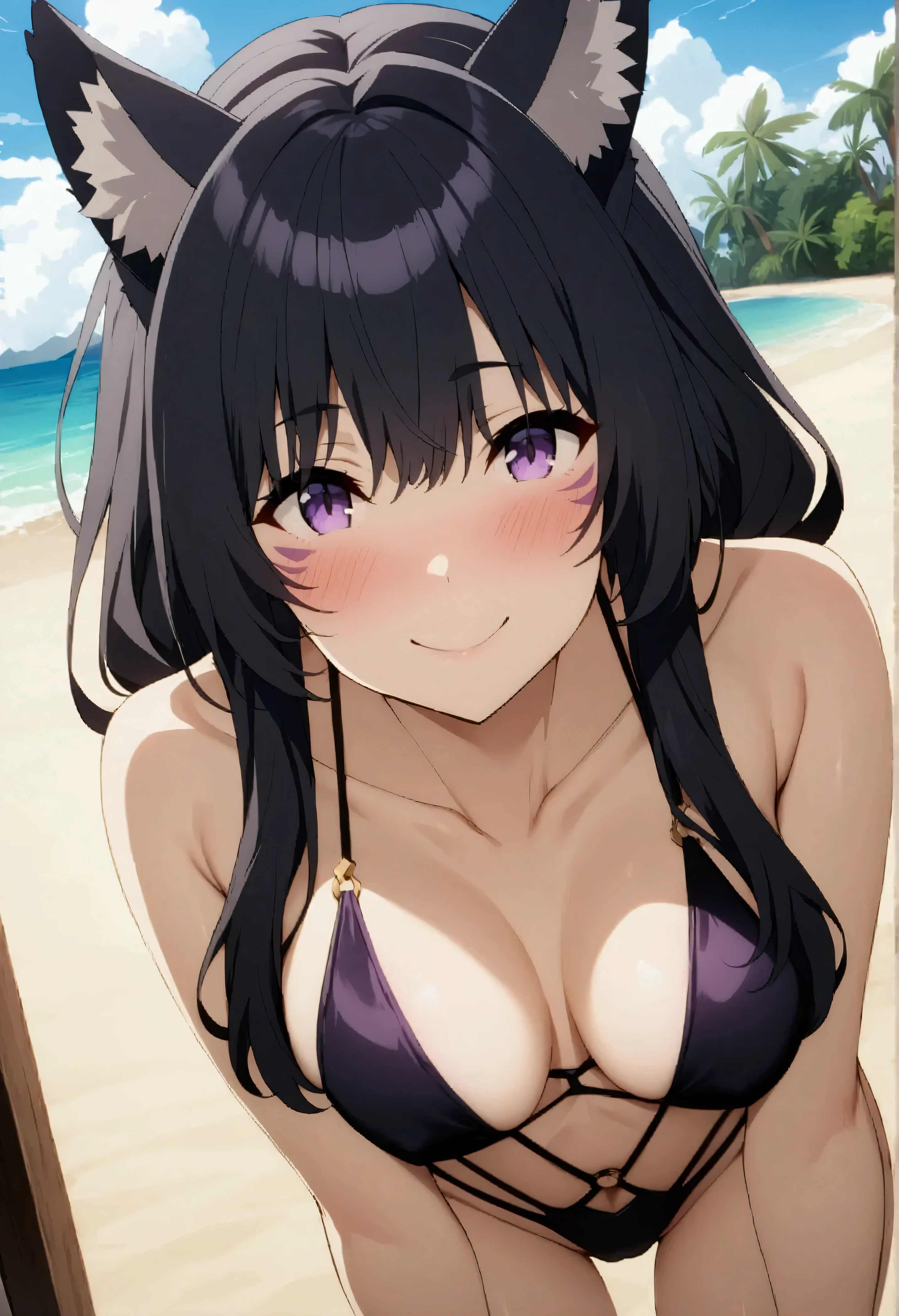 NSFW,masterpiece,Best Quality,High resolution,Very detailed,delta\(I want to be a powerful figure behind the scenes\),Long Hair、Black Hair、Animal ears、Purple Eyes、Cat ears、Animal earsの毛、Face mark、Slingshot swimwear,A happy smile,A big smile,blush,beach,Palm trees