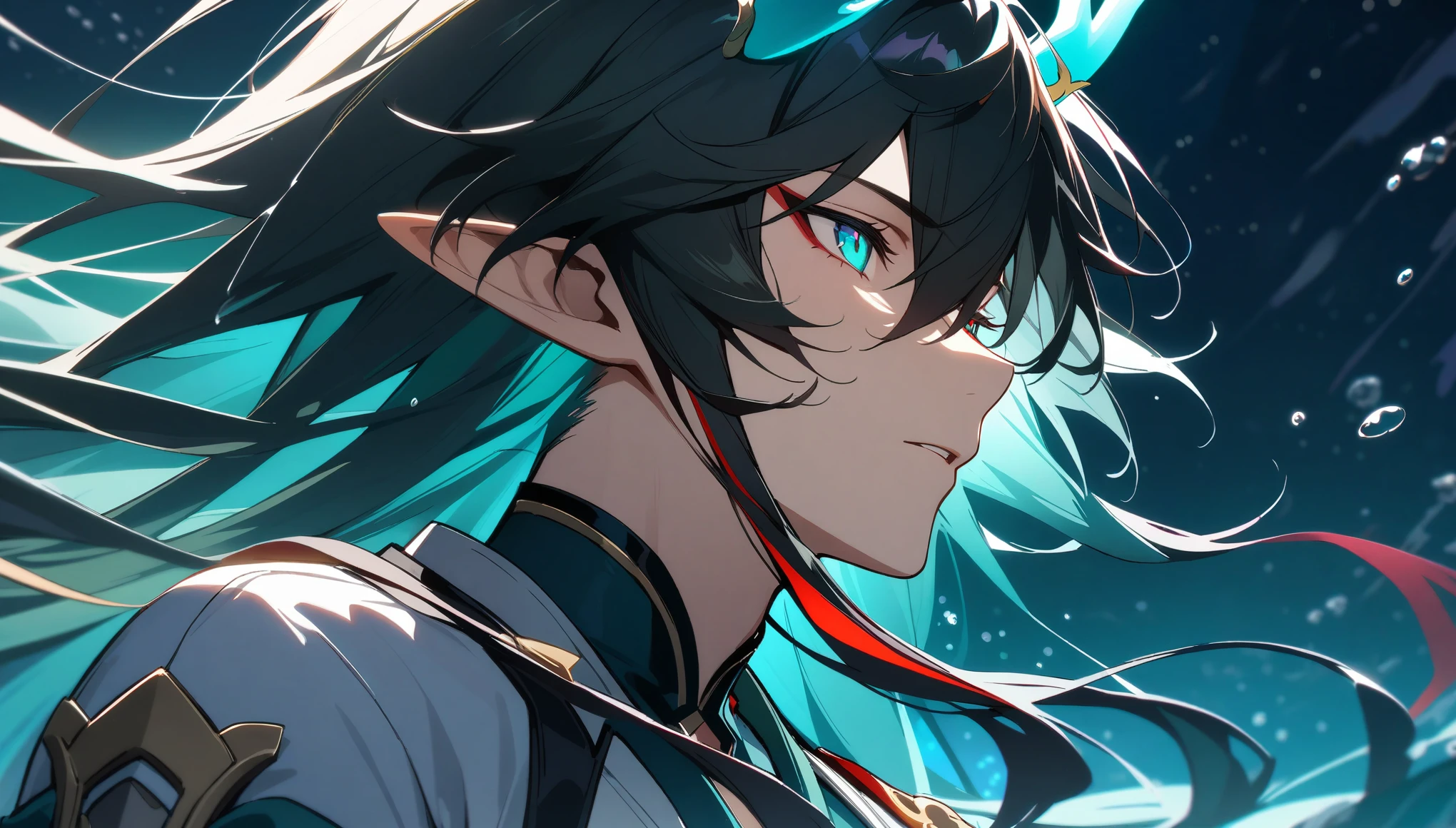 1boy, dan heng, imbibitor lunae, dan heng IL, honkai star rail, elf ears, long hair, black hair, horns, underwater, dark green background, hd eyes, close up, dynamic angle, facing left, (beautiful and aesthetic:1. 5), best quality, high quality,  super detail, best quality, ultra-detailed,dynamic lighting, HD,