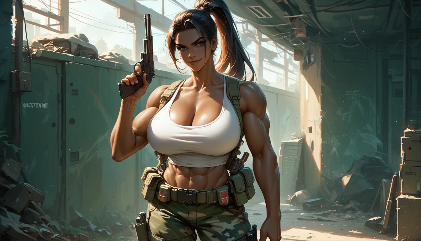 score_9, score_8_up, score_7_up, score_6_up, masterpiece, high quality, perfect face, beautiful face, solo, 1girl, ponytail, dark skin, white tank top, camo khaki pants, cleavage, evil smirk, huge breasts, perfect round breasts, muscular, abs, perfect female body, looking at viewer, standing, holding 2 pistols, gun holster, utility belt, warzone, morning, zoom in, intricate detail, delicate pattern,