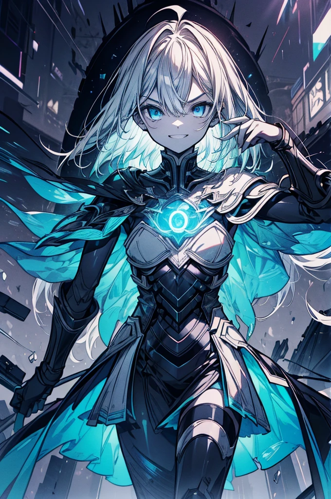 ((Best Quality, masterpiece, Esoteric, Super Resolution)), One girl, Alone, Pale skin, Ahoge, Gray Hair, Abnormally long hair, blue eyes, Hair between the eyes,  Flat Chest, spooky, dark, cemetery, Blue Mist, Black Dress, Armor, Fantasy, View your viewers, Armor chetsplate, Spectrum, Blue Energy, Blue aura, Black Energy, evil, evil役, Movie Posters, evil smile, evil grin, V-shaped eyebrows, Crazy, Bodysuits, Futuristic, Shine, The End, destruction, Black Cape, 
