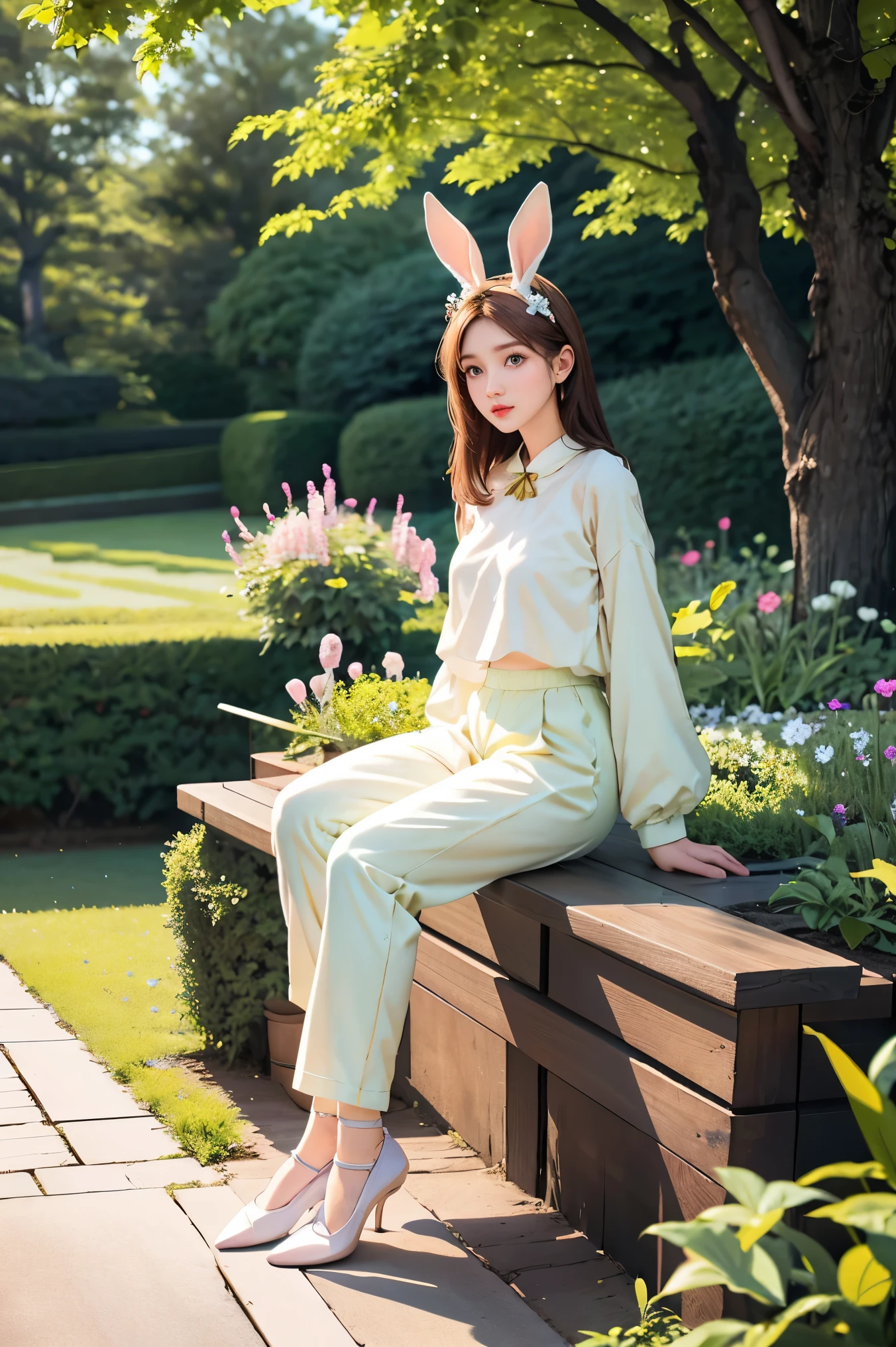 4k, realistic, carismatic, very detail, there is a girl on garden house, wearing rabbit woman , soft theme, pants, 25 years old, full body