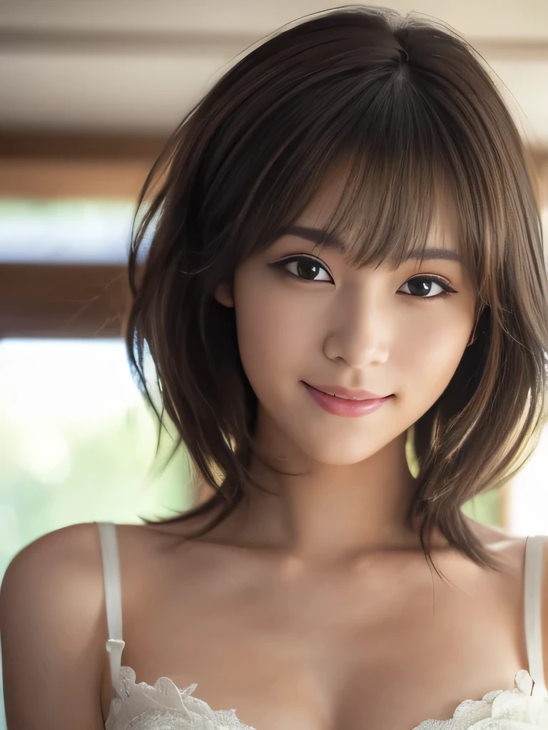 (Best Quality,8K quality,masterpiece:1.3),(Ultra-high resolution,Realistic:1.4,Live Shooting),(Super detailed,Caustics),(Ultra-Realistic Capture,Beautifully detailed skin),1,Beautiful Japanese, Medium Hair, Messy Hair, Asymmetrical bangs, Brown Hair, Smiling and looking at the camera,Soft Light,A ray of light shining from above,Natural Light,