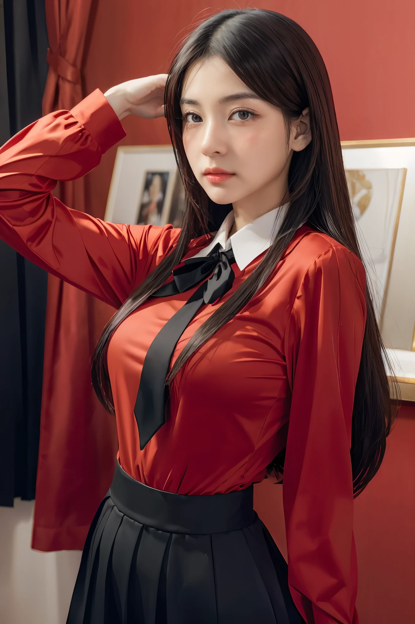 anime girl in red shirt and black tie posing for a photo, by Yang J, extremely detailed artegerm, Rin Tohsaka, artegerm jsc, guweiz style artwork, beautiful digital art, artegerm.  High detail, range murata and artegerm, style artegerm, even model |  artegerm