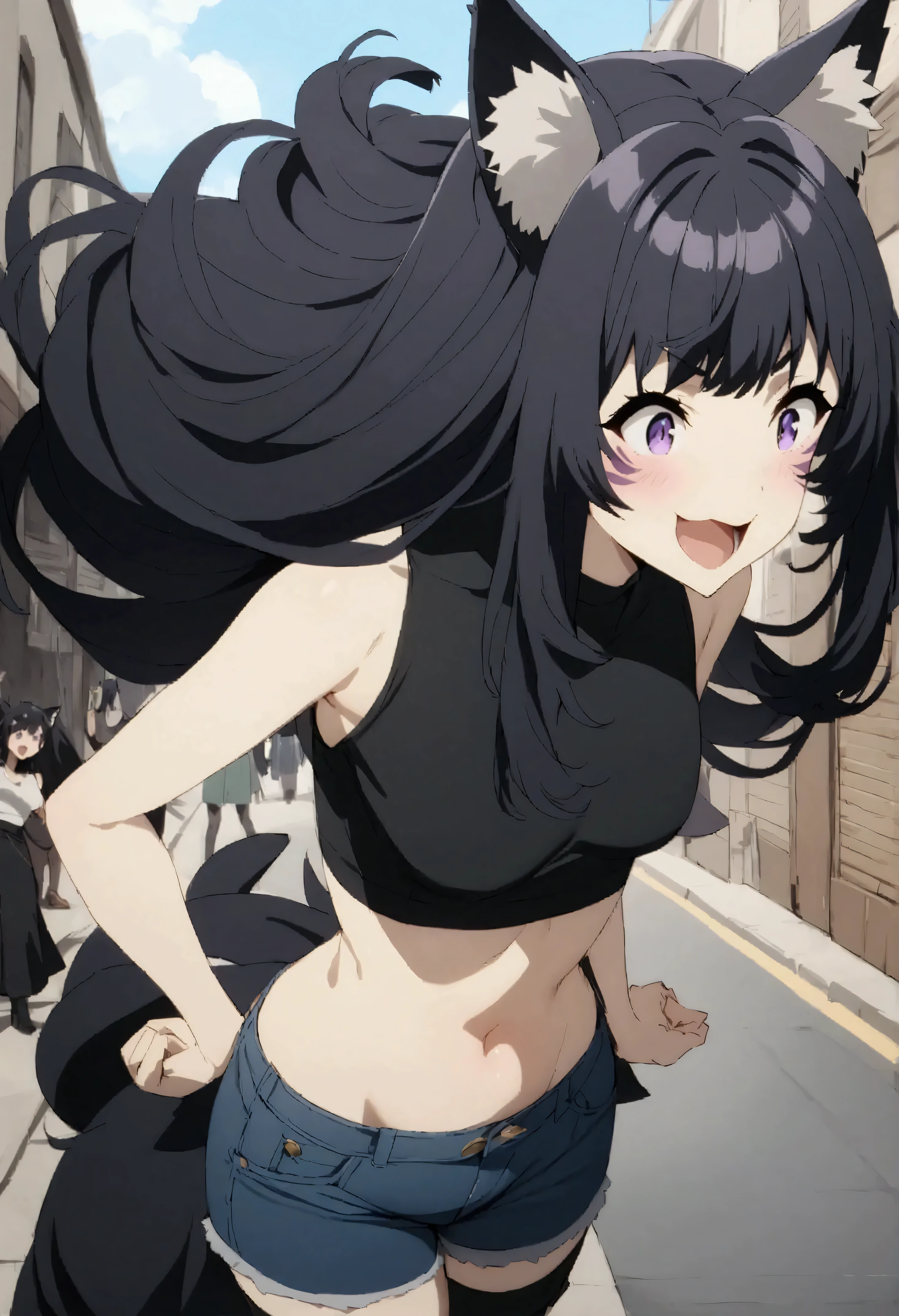 NSFW,masterpiece,Best Quality,High resolution,Very detailed,delta\(I want to be a powerful figure behind the scenes\),Long Hair、Black Hair、Animal ears、Purple Eyes、Cat ears、Animal earsの毛、Face mark、Crop top shirt,Sleeveless,Denim shorts,Long boots,Excited face,bustling street