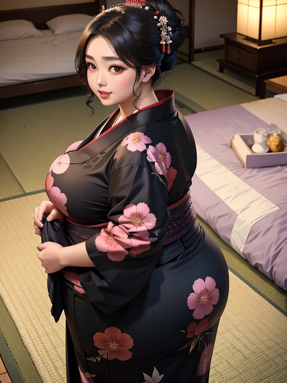 Japanese women　Beauty　Beautiful dark-haired woman, Detailed face,Modest woman 　Elegant　(View Viewer)　Updo, (Yukata), ,Wide々A Japanese inn、 Chubby,Plus Size, Big belly, weight gain, (Dim lighting) Date trip with boyfriend　After bath　(futon)