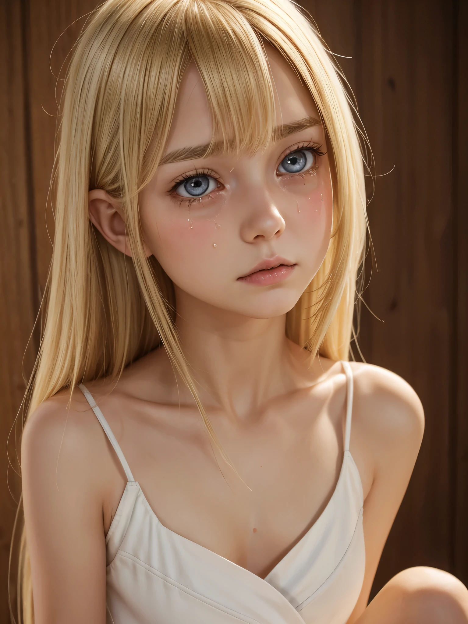 (best quality), 1girl, female, porcelain skin, blonde hair, straight hair, medium hair, swoopy tips, Flipped-up ends, brown eyes, perfect eyes, skinny body, petite, (tears), crying, sad expression, small bust, blush, masterpiece, anatomically correct, highres
