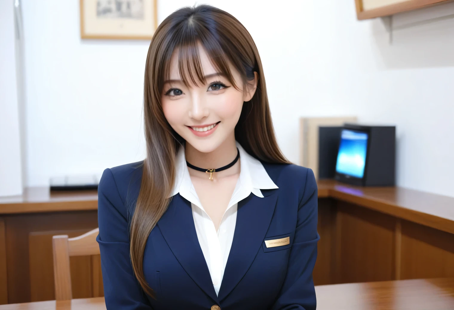 Score_8up, Score_9, A beautiful girl who is a relative, Submissive woman, Happy expression, ((White tight shirt、Navy Blue Blazer)), Orthodox clothing, announcer、Adorable, smile, Slim face, The body is slim,Straight Long Hair, Brown Hair, sexy, girl, Perfect hands,Black Choker、Blue contact lenses、bangs、Very thick and long eyelashes、((Big Breasts)), Big Breasts, Natural Makeup, Anatomically correct, upright、Lounge, counter,Manuscript on the table、announcer