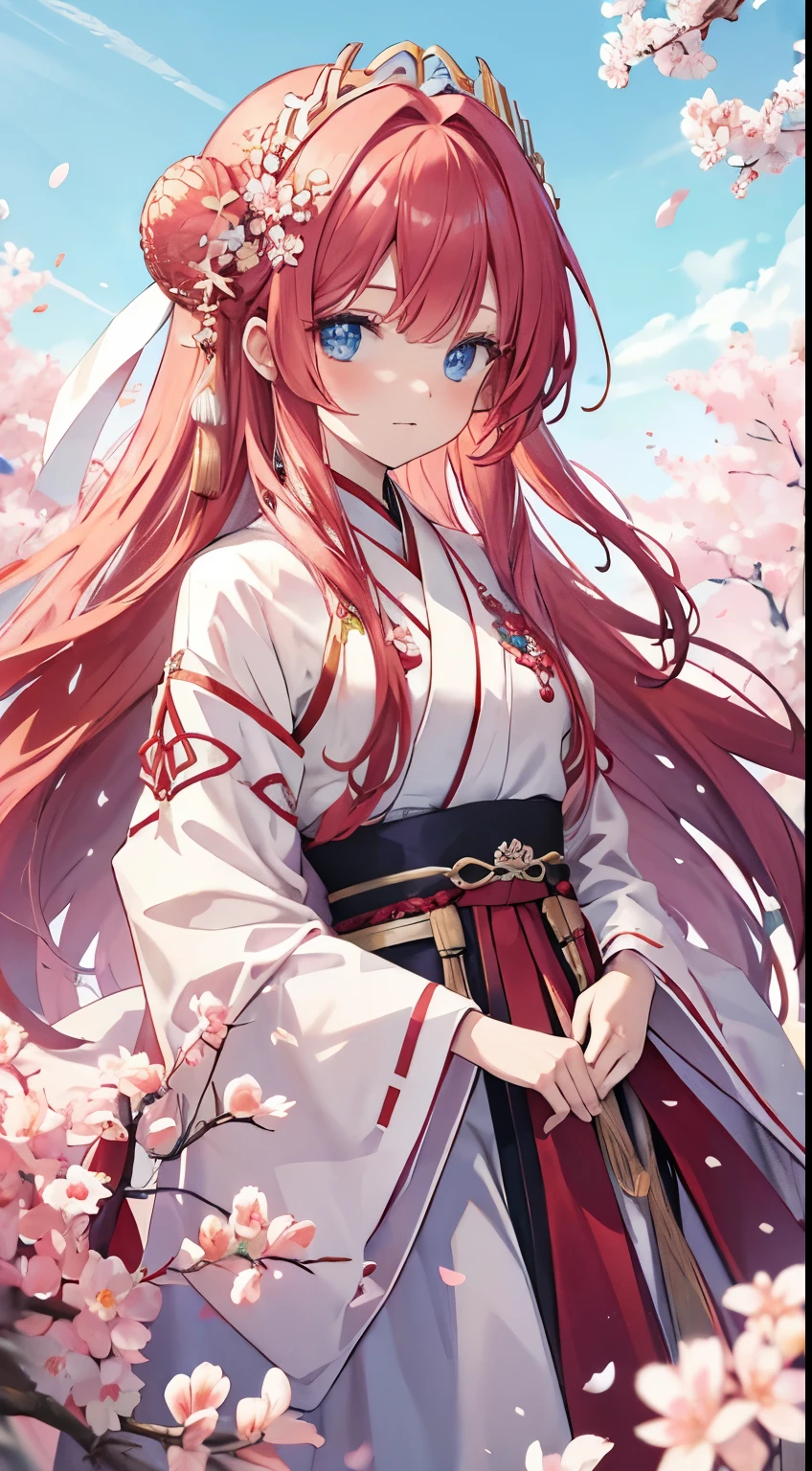 Red Hair，Blue Eyes，Ancient hair accessories，Long hair，Pink Hanfu long skirt，Brown petals，Queen&#39;skirt，Medium bust size，Liu Caichun（Three Kingdoms），Large Breasts，Palace Background