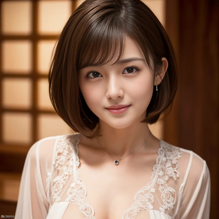 (Raw photo), (Photorealistic), (masterpiece), (highest quality), High resolution, 8K resolution, (Intricate details), (Volumetric Light), Portrait, woman,, short hair, Straight Hair, Layered Hair, Brown haired, Highly detailed eyes, Source Order, Very fine eyebrows, Highly detailed skin, Highly detailed mouth, Highly detailed nose, Cute like an idol, Smile, ((Thick lips)), ((Look at the viewers)), (Elegant blouse)、Cleavage、Cleavage、bra、