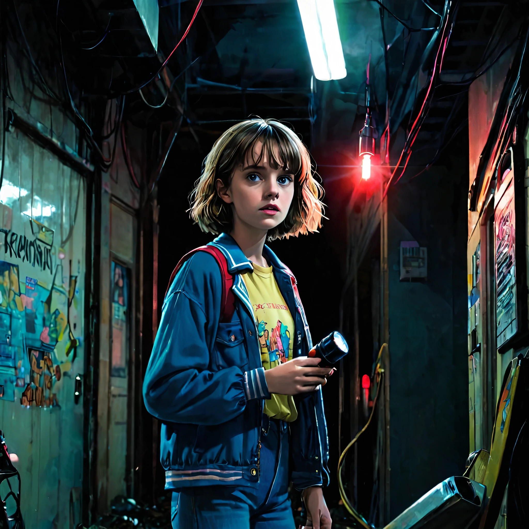 maya thurman-hawke, robin buckley, stranger things, netflix, 18 years old, wearing casual clothes from the 80s, holding a flashlight inside of a obscure building, front view
