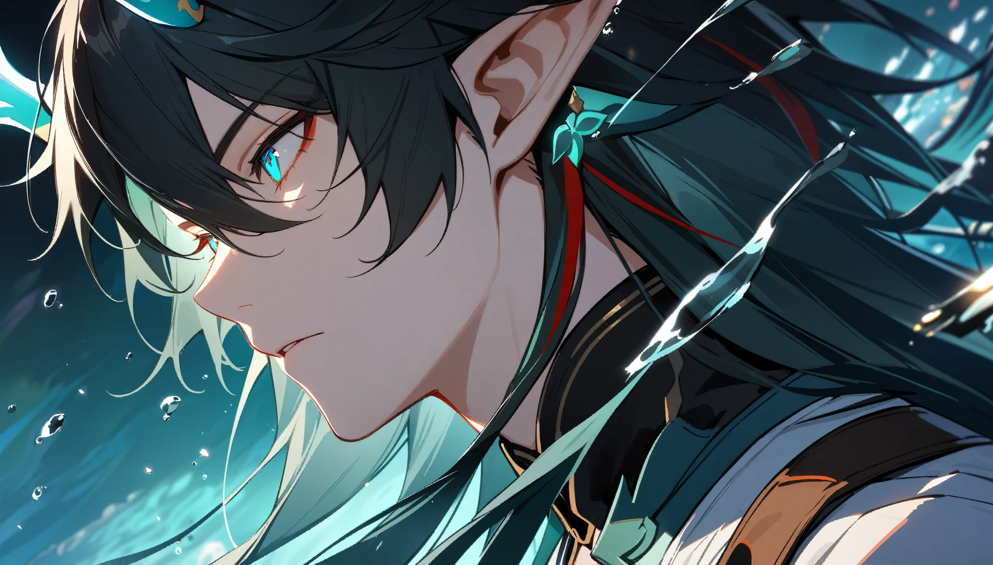 1boy, dan heng, imbibitor lunae, dan heng IL, honkai star rail, elf ears, long hair, black hair, horns, underwater, dark green background, hd eyes, close up, dynamic angle, facing left, (beautiful and aesthetic:1. 5), best quality, high quality,  super detail, best quality, ultra-detailed,dynamic lighting, HD,