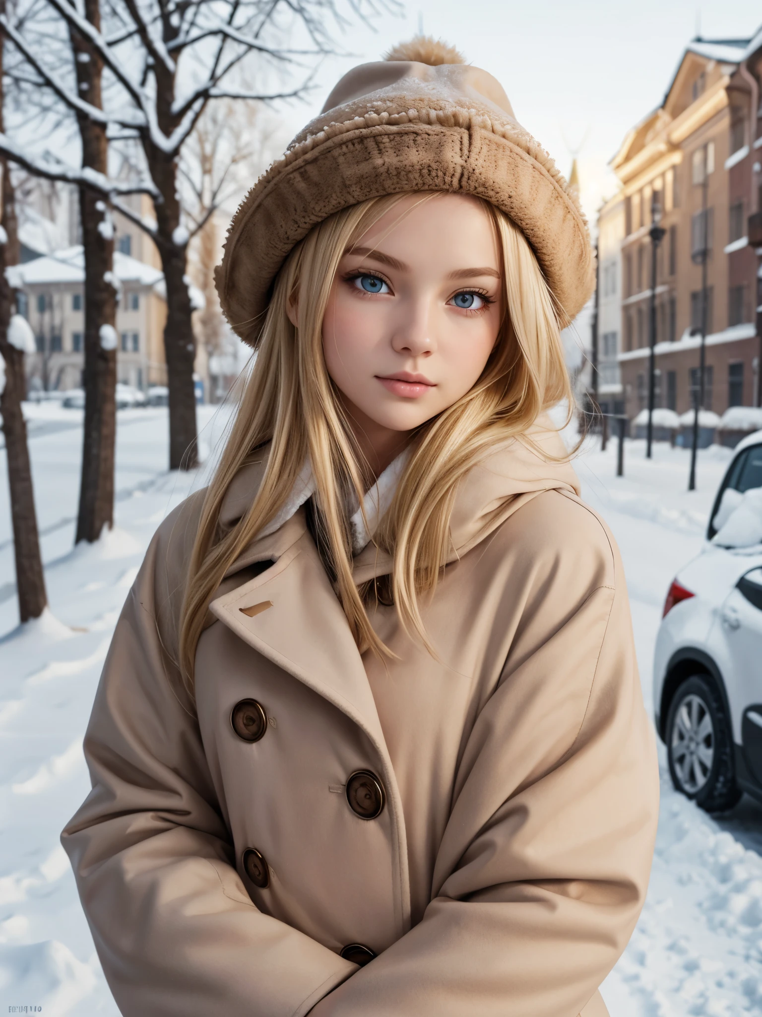 (best quality), 1girl, russian, female, porcelain skin, blonde hair, straight hair, medium hair, swoopy tips, brown eyes, perfect eyes, skinny body, winter hat, coat, fully clothed, small bust, blush, masterpiece, anatomically correct, highres
