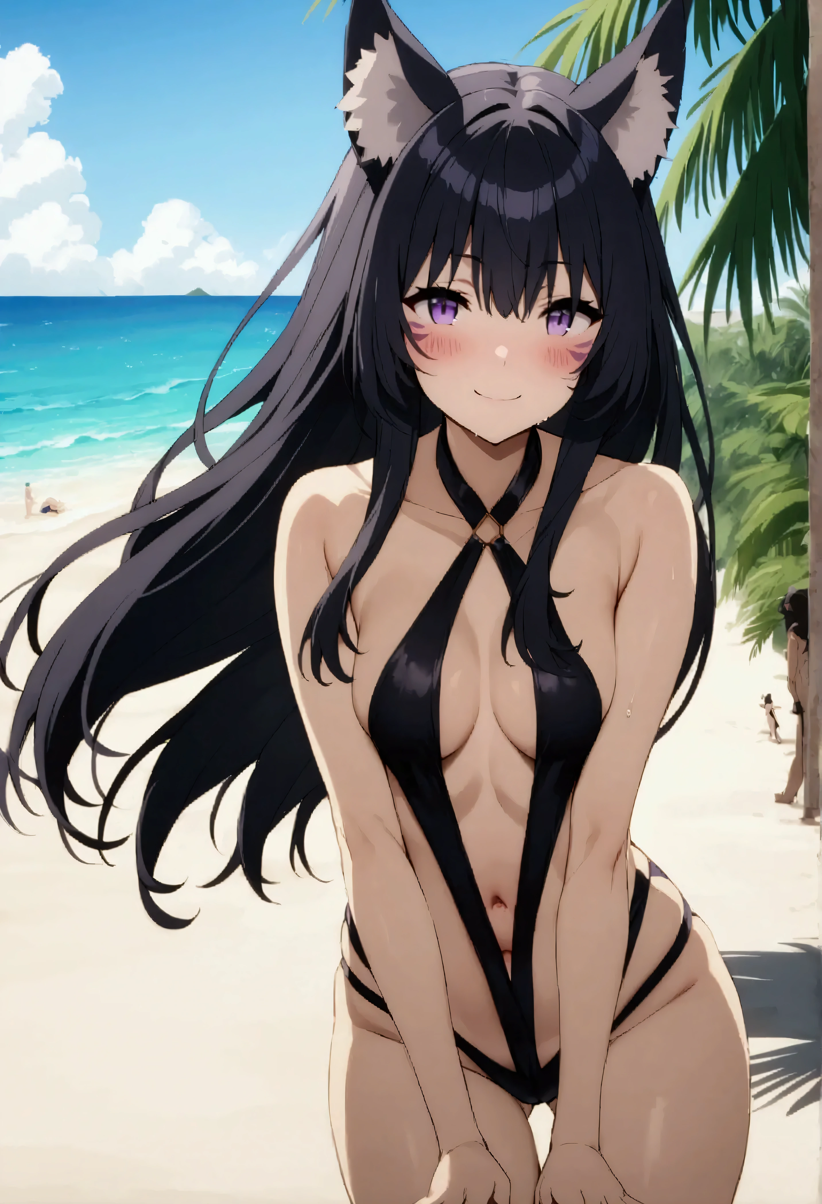 NSFW,masterpiece,Best Quality,High resolution,Very detailed,delta\(I want to be a powerful figure behind the scenes\),Long Hair、Black Hair、Animal ears、Purple Eyes、Cat ears、Animal earsの毛、Face mark、Slingshot swimwear,A happy smile,A big smile,blush,beach,Palm trees