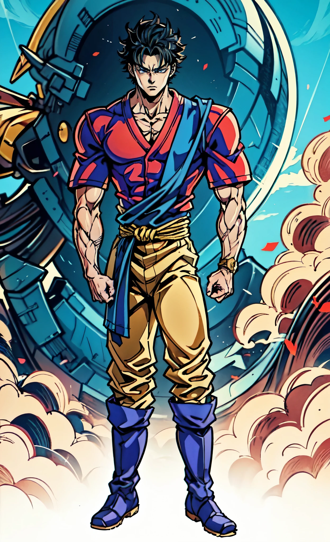 (masterpiece:1.2, best quality:1.2, extremely delicate:1.2), ((male:1.5)), a young man with a spiky upright black hair in the style of Akira Toriyama, parted bangs, raised eyebrows, sharp eyes, serious expression, tall and muscular build, dark skin, fantasy martial arts-style Southeast Asian outfit, a shirt, a diagonally draped Sabai, wide waistcloth, coarse fabric pants, tall boots, this character embodies a finely crafted fantasy martial arts style Southeast Asian fighter in anime style, exquisite and mature manga art style, dramatic, high definition, highres, ultra-detailed, ultra-fine painting, professional, perfect body proportions, golden ratio, anatomically correct, symmetrical face, extremely detailed eyes and face, high quality eyes, creativity, RAW photo, UHD, 32k, Natural light, cinematic lighting, (masterpiece-anatomy-perfect:1.2)