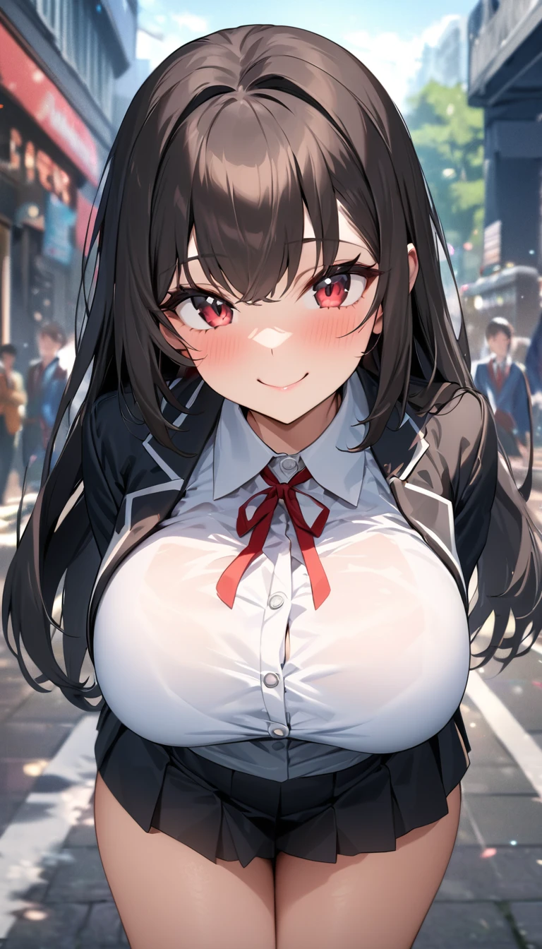 (masterpiece quality, High resolution, Detailed Background:1.25), (1. High school girl), High School Uniform, nice, , (Big Breasts:1.5), View your viewers, smile