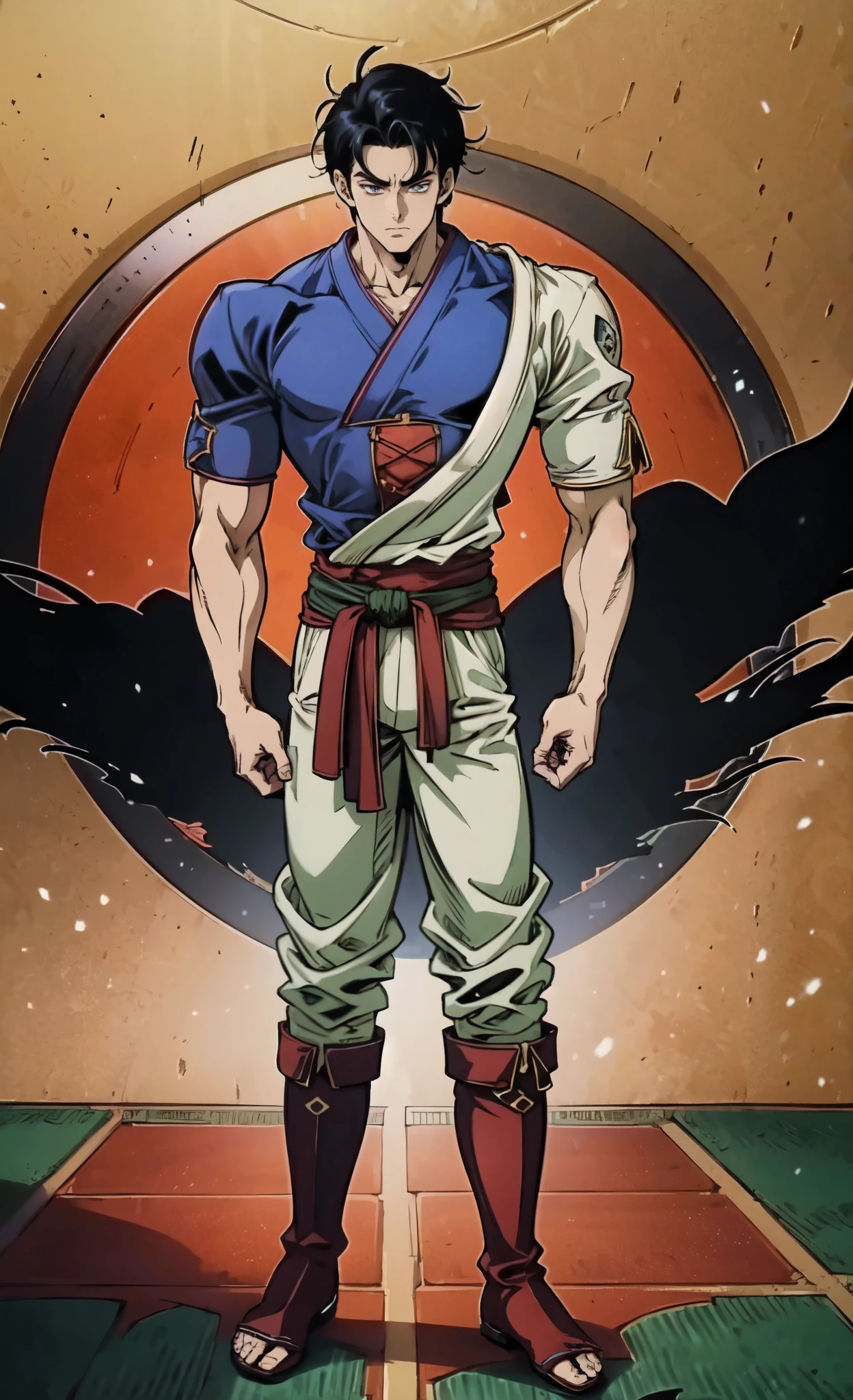 (masterpiece:1.2, best quality:1.2, extremely delicate:1.2), ((male:1.5)), a young man with a spiky upright black hair in the style of Akira Toriyama, parted bangs, raised eyebrows, sharp eyes, serious expression, tall and muscular build, dark skin, fantasy martial arts-style Southeast Asian outfit, a shirt, a diagonally draped Sabai, wide waistcloth, coarse fabric pants, tall boots, this character embodies a finely crafted fantasy martial arts style Southeast Asian fighter in anime style, exquisite and mature manga art style, dramatic, high definition, highres, ultra-detailed, ultra-fine painting, professional, perfect body proportions, golden ratio, anatomically correct, symmetrical face, extremely detailed eyes and face, high quality eyes, creativity, RAW photo, UHD, 32k, Natural light, cinematic lighting, (masterpiece-anatomy-perfect:1.2)