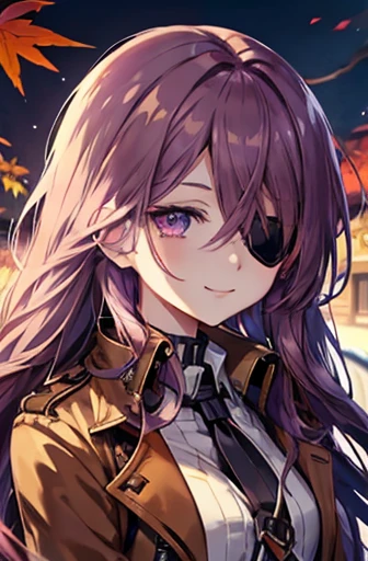 One Woman、Purple long hair、Right eye is red、Slanted Eyes、Eyepatch covering left eye、Trench coat、smile、autumn leaves、Bright lighting、anime。