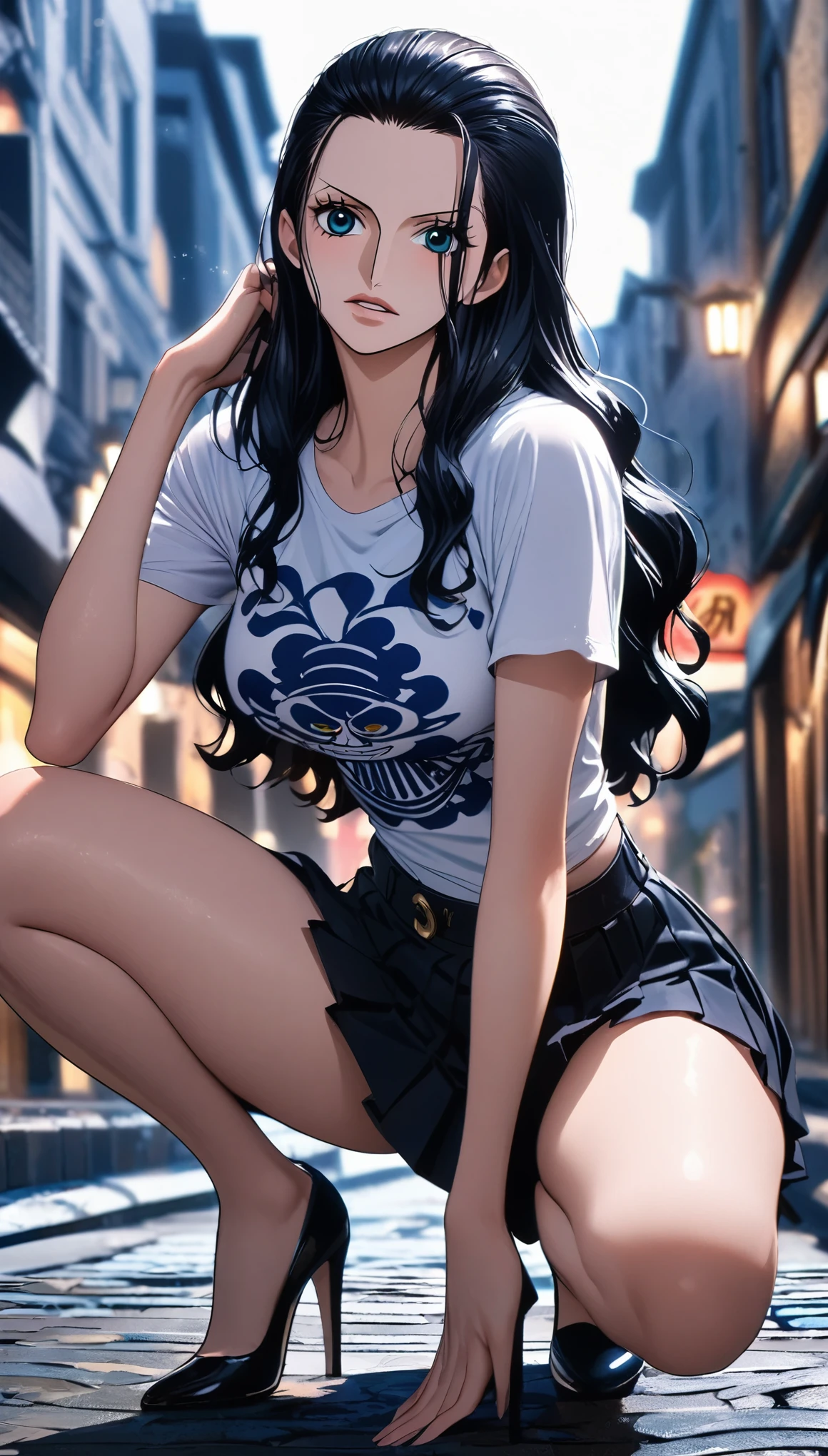 masterpiece, best quality, intricate details, 1 girl, woman, black hair, nico robin \ (one piece\), (long hair), t-shirt, pleated skirt, female focus, looking at viewer, ((side view)) ((close up shot)) ((solo)) ((hair slicked back)) detailed, very high resolution, no blurry image, high heels, full body, thigh, squatting, slim legs, blue eyes, straight hair, ((nico robin from one piece)) ((female nico robin from one piece)), outdoors, street, night