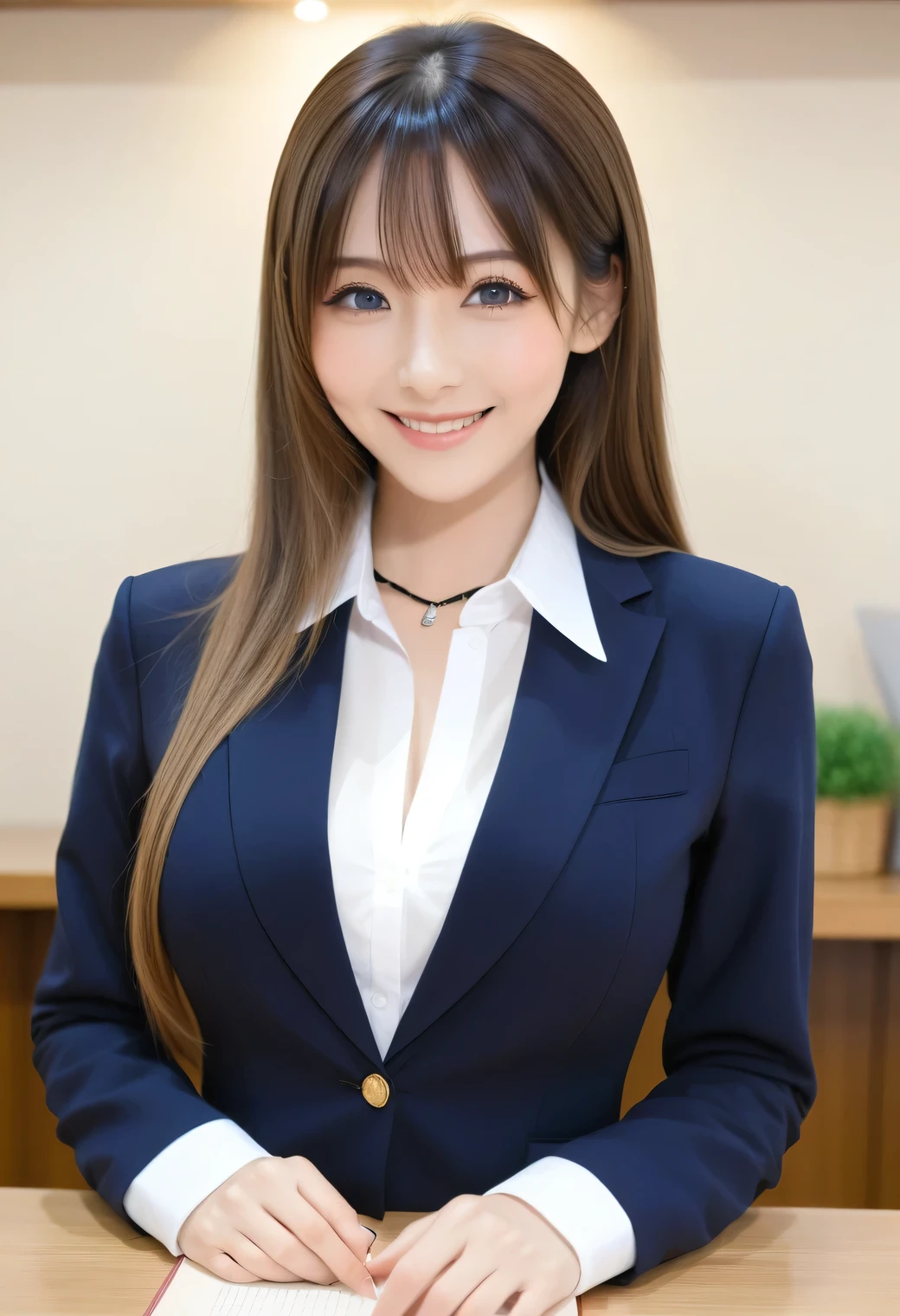 Score_8up, Score_9, A beautiful girl who is a relative, Submissive woman, Happy expression, ((White tight shirt、Navy Blue Blazer)), Orthodox clothing, announcer、Adorable, smile, Slim face, The body is slim,Straight Long Hair, Brown Hair, sexy, girl, Perfect hands,Black Choker、Blue contact lenses、bangs、Very thick and long eyelashes、((Big Breasts)), Big Breasts, Natural Makeup, Anatomically correct, upright、Lounge, counter,Manuscript on the table、announcer
