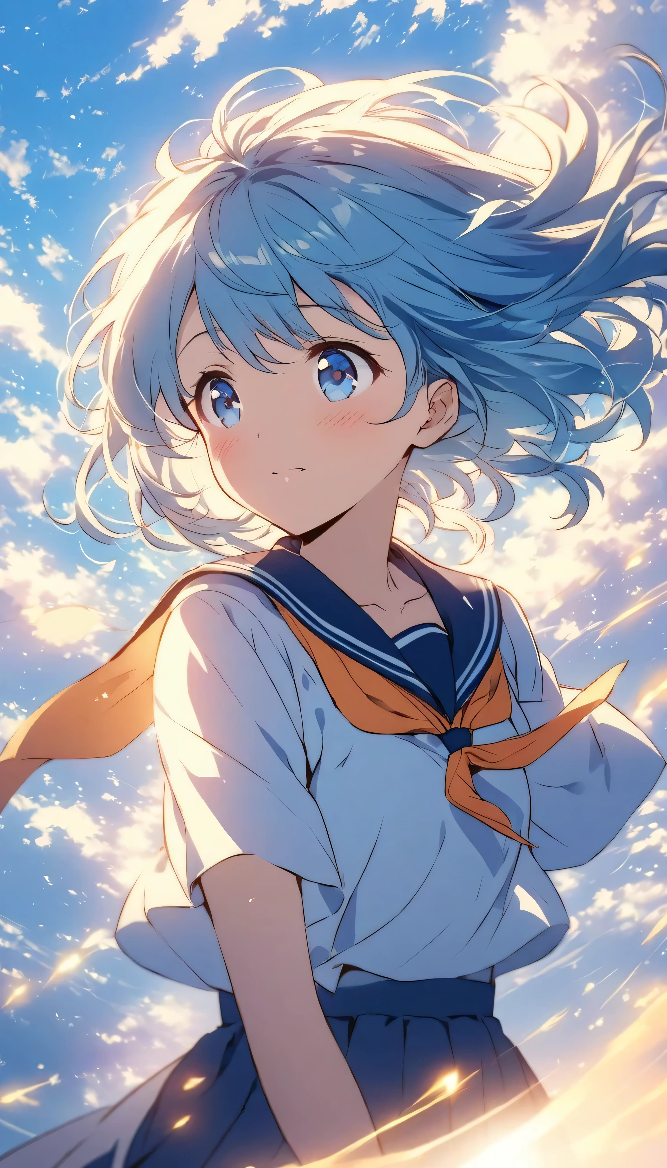 A vibrant, heartwarming anime illustration of a young girl with a carefree hairstyle and big, expressive blue eyes. She’s dressed in a classic Japanese school uniform, featuring a crisp blue sailor top and an orange neckerchief that flutters gently in the breeze. Her eyes reflect a sense of youthful curiosity and wonder. The background bursts with the energy of a bright blue sky, dotted with soft, billowing white clouds and illuminated by streaks of golden sunlight. The scene radiates a feeling of fresh beginnings and endless possibilities, perfectly capturing the spirit of youth and freedom. The expansive sky dominates the composition, creating a moment of peaceful reflection and boundless dreams